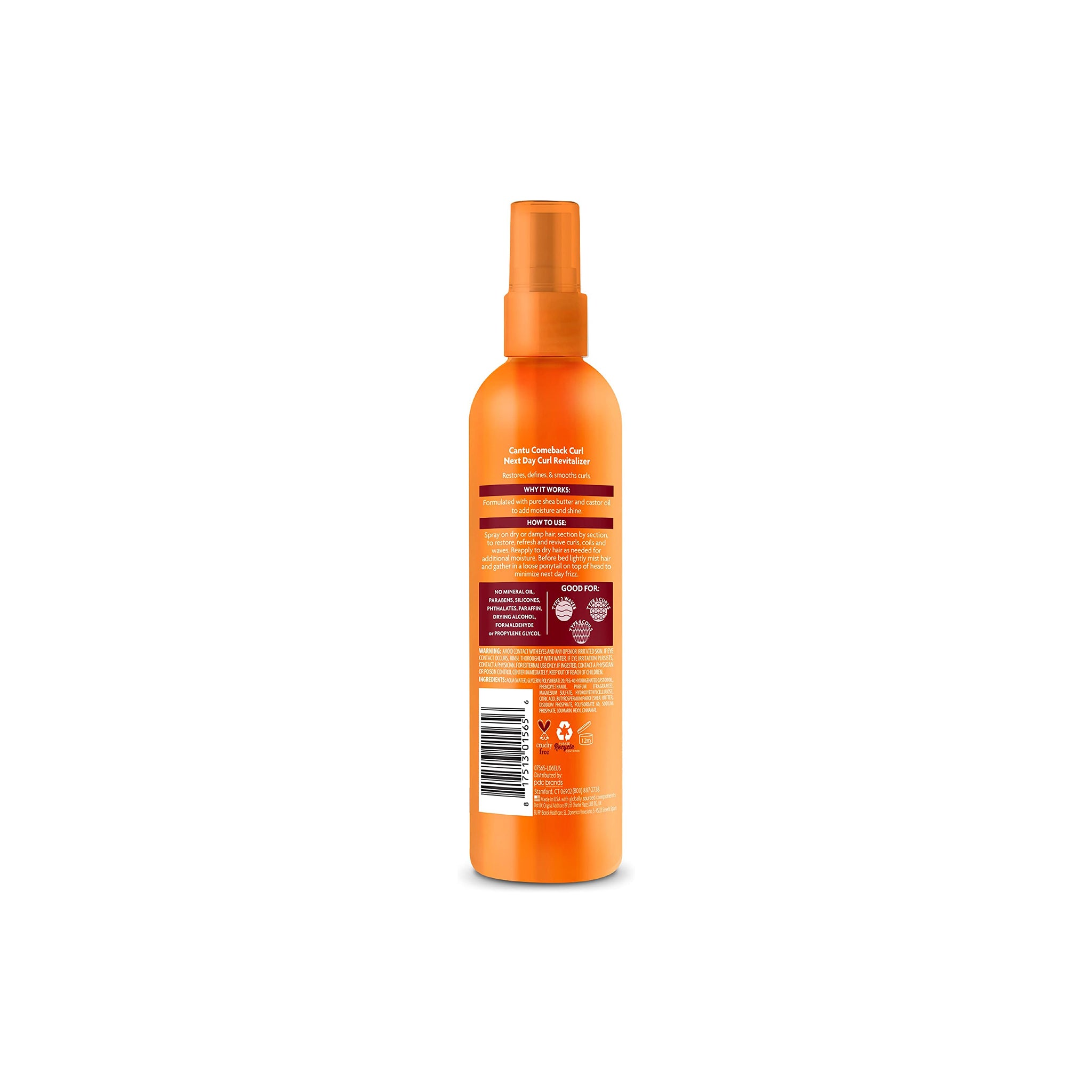 Etiketten på bagsiden af Cantu Shea Butter Comeback Curl Revitalizer viser ingredienser, brugsanvisning og yderligere information.