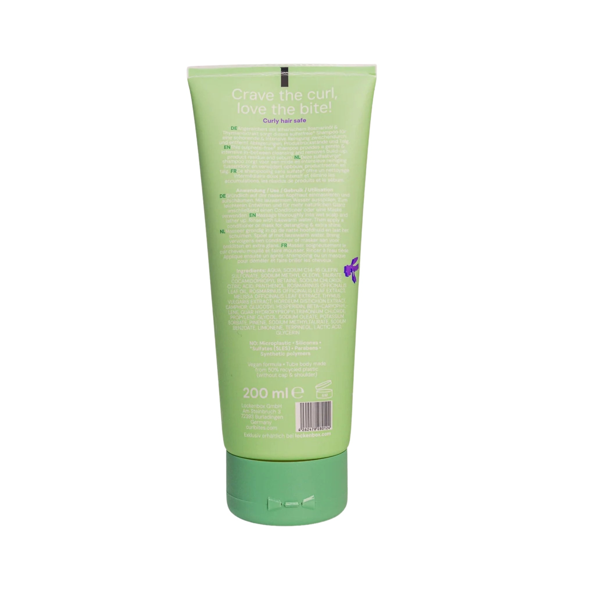 Grøn tube Curl Bites sulfatfrit shampoo, 200 ml, med grønt låg og produktinformation på bagsiden.
