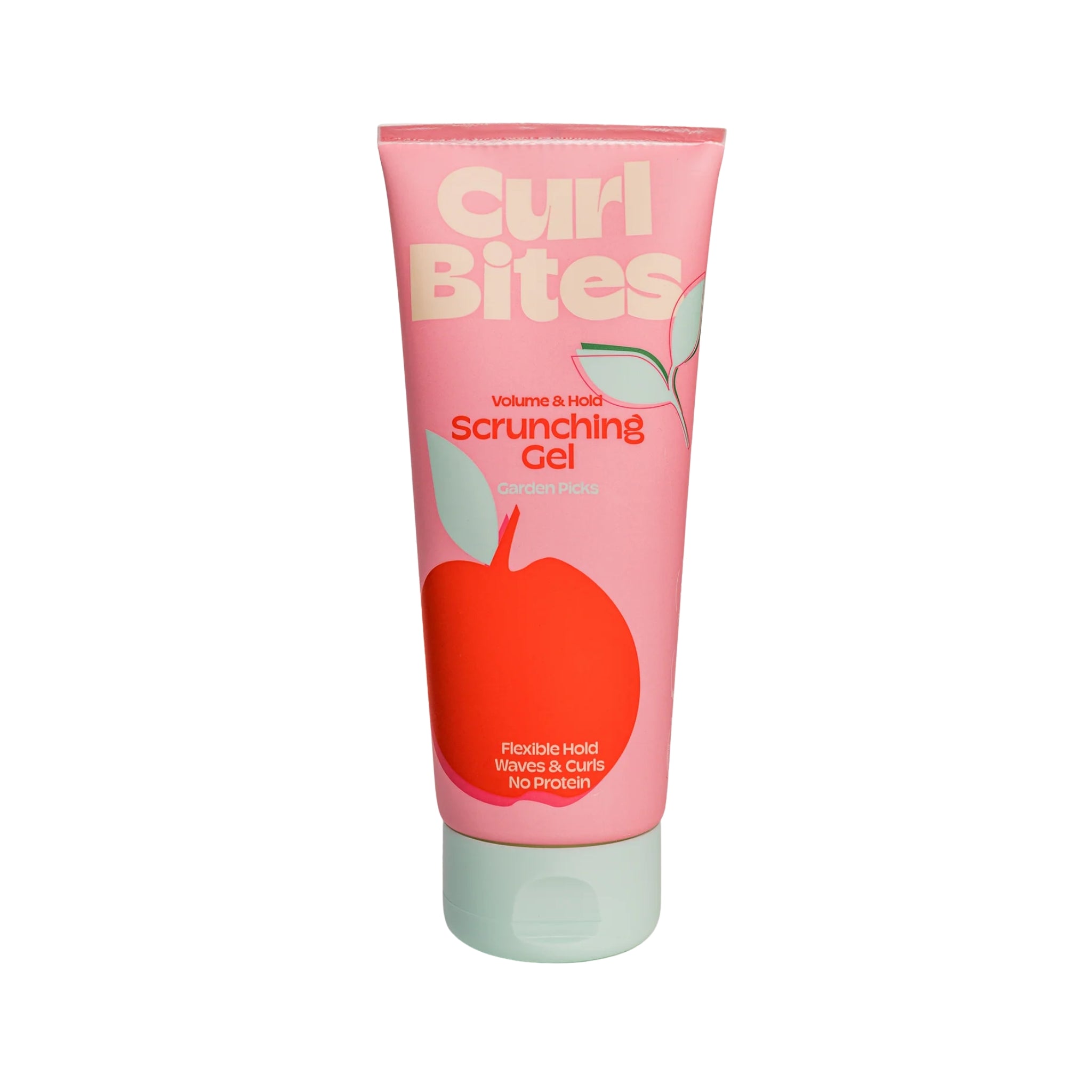 Curl Bites Scrunching Gel tube i lyserød med rødt æble-motiv og mintgrøn låg.