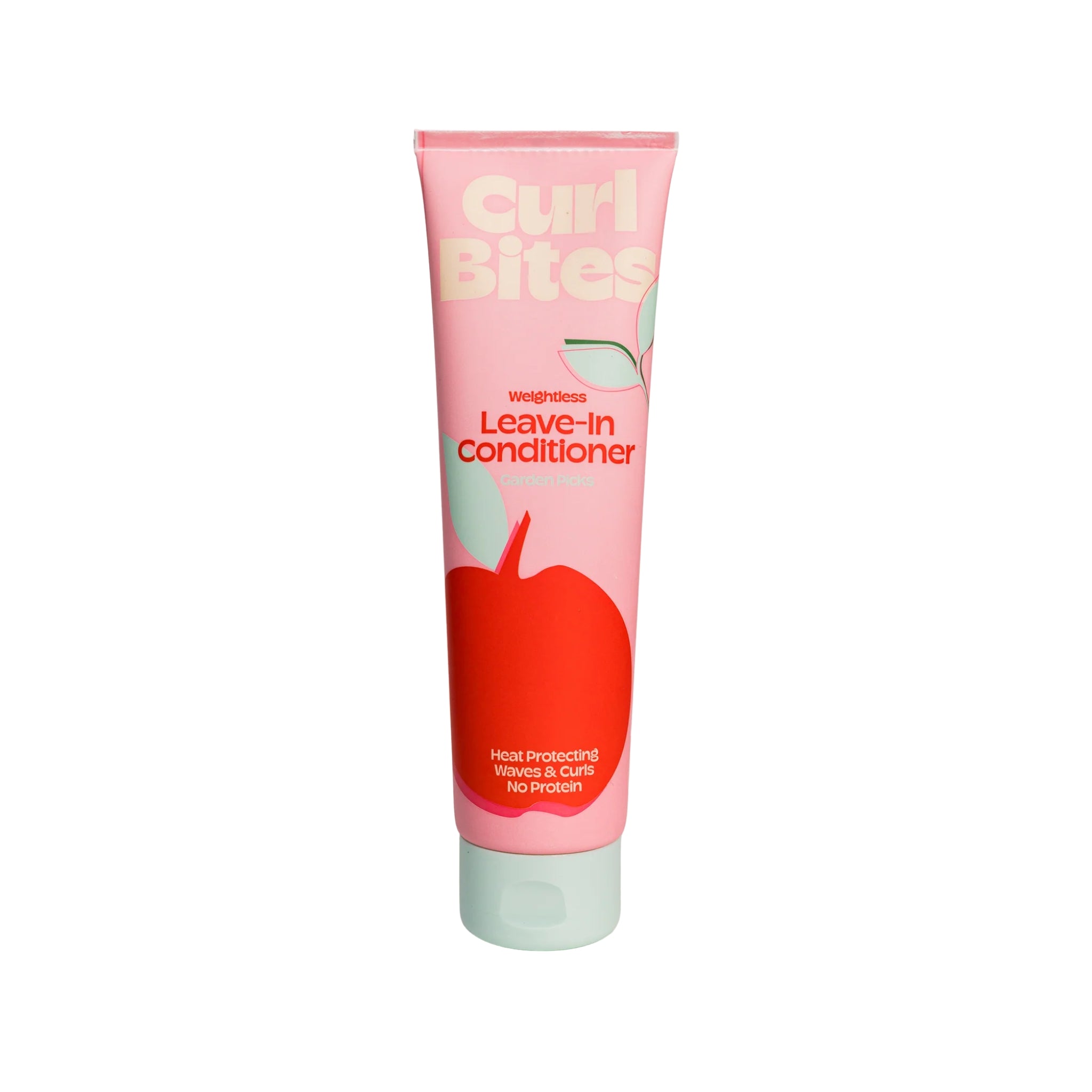 Curl Bites Weightless Leave-In Conditioner i lyserød tube med rødt æble og grøn låg mod hvid baggrund.