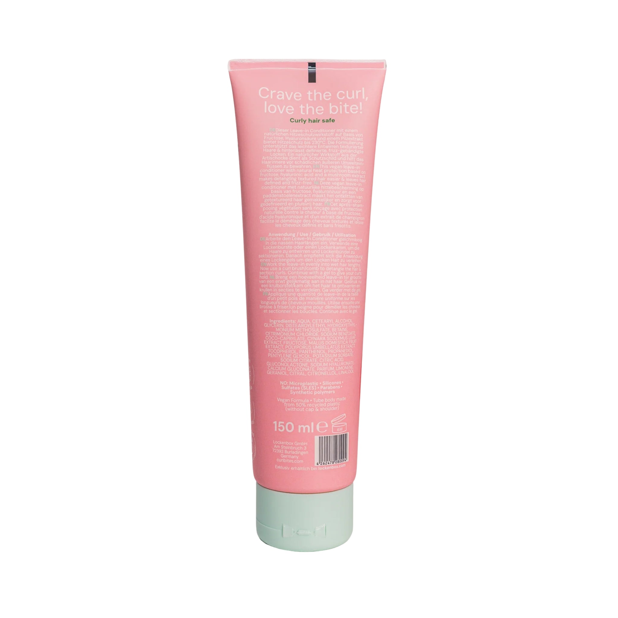 Lyserød tube Curi Bites leave-in conditioner 150 ml med mintgrøn låg, bagside med brugsanvisning.