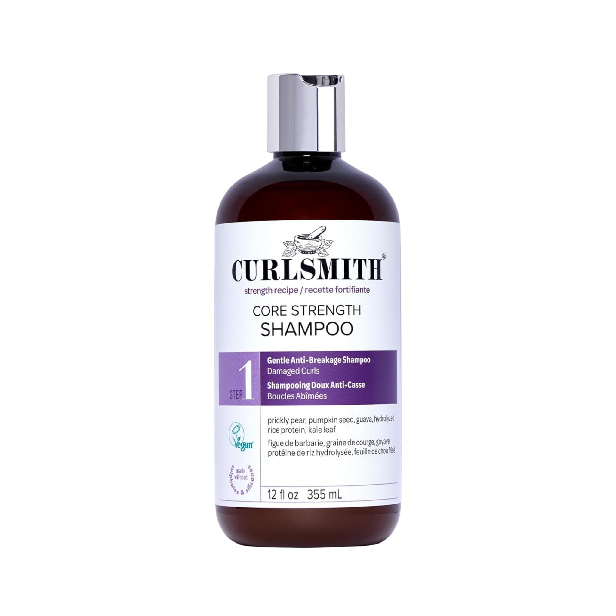 Curlsmith Core Strength Shampoo i brun flaske med sølvlåg og lilla etiket, 355 ml.