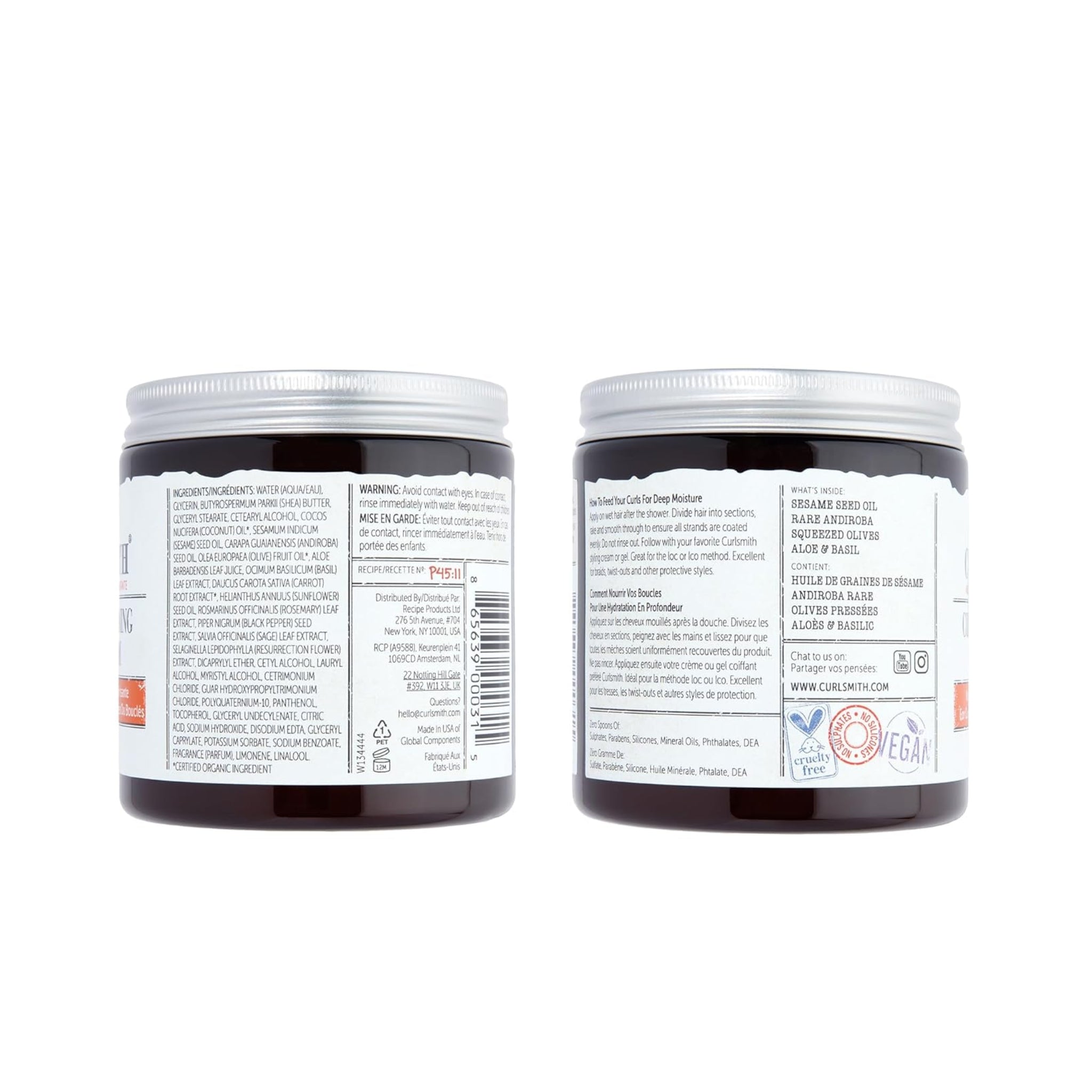 Curlsmith Coily Curl Feeding Cream i mørke glaskrukker med etiketter, der viser ingredienser og brugsanvisning.