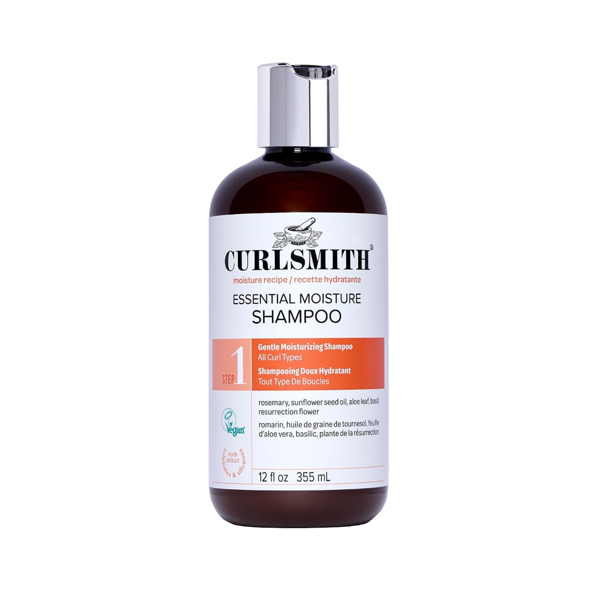 Curlsmith Essential Moisture Shampoo i brun flaske med sølvlåg og hvidt etiket, Step 1 til alle krøltyper.