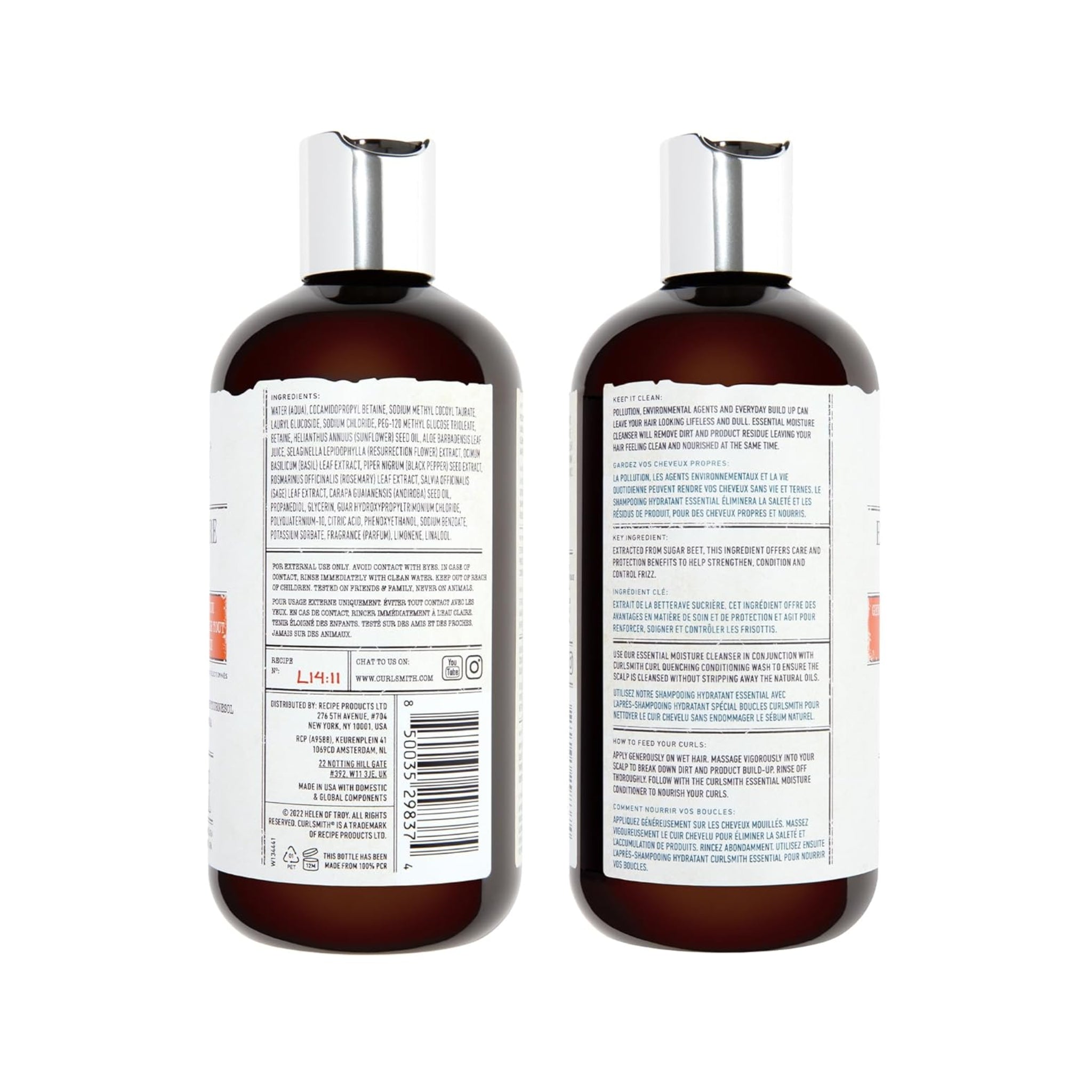 Curlsmith Essential Moisture Cleanser - to brune flasker med hvide etiketter viser ingredienser og brugsanvisning på engelsk og fransk.