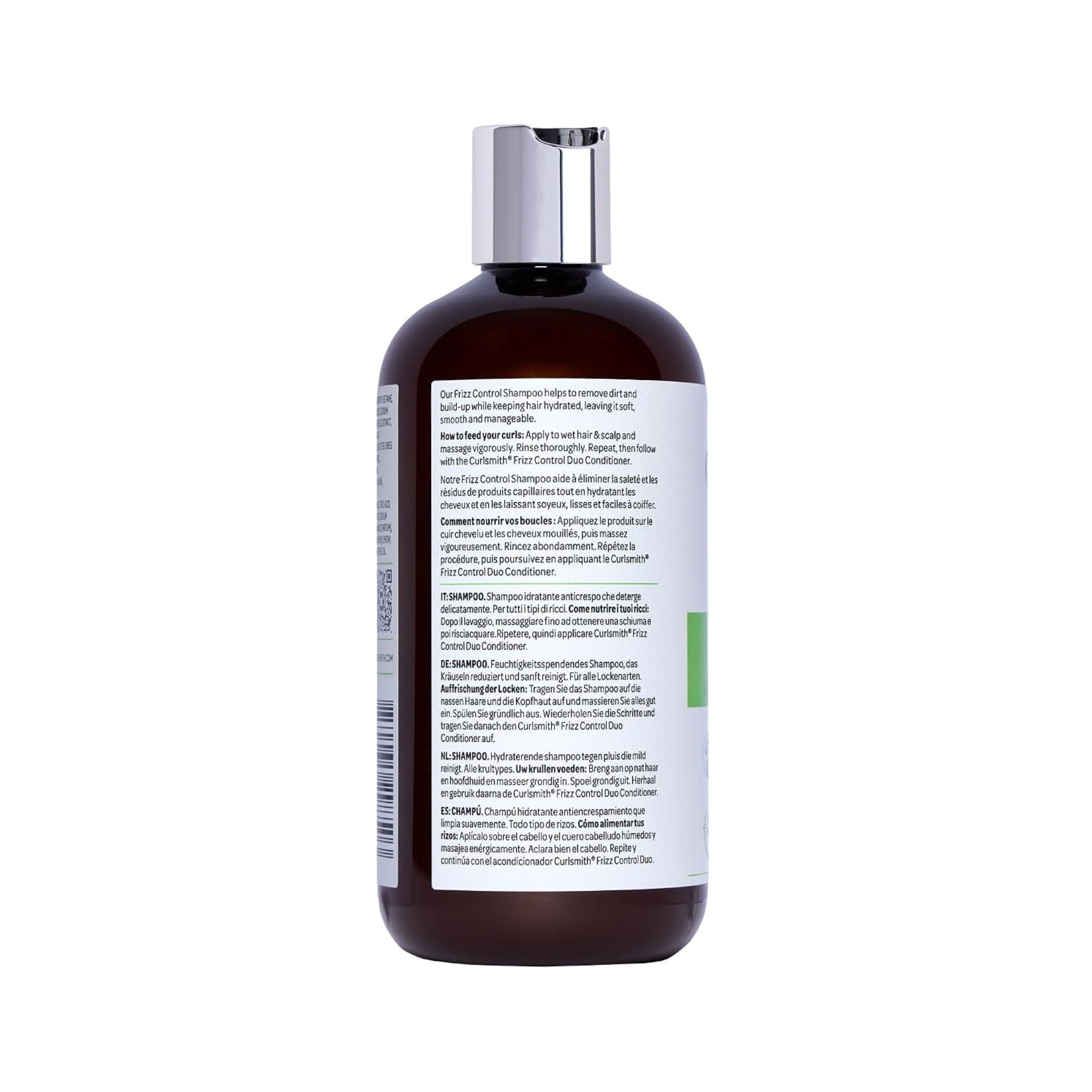 Curlsmith Frizz Control Shampoo i brun flaske med sølvlåg, bagside med brugsanvisning på flere sprog.