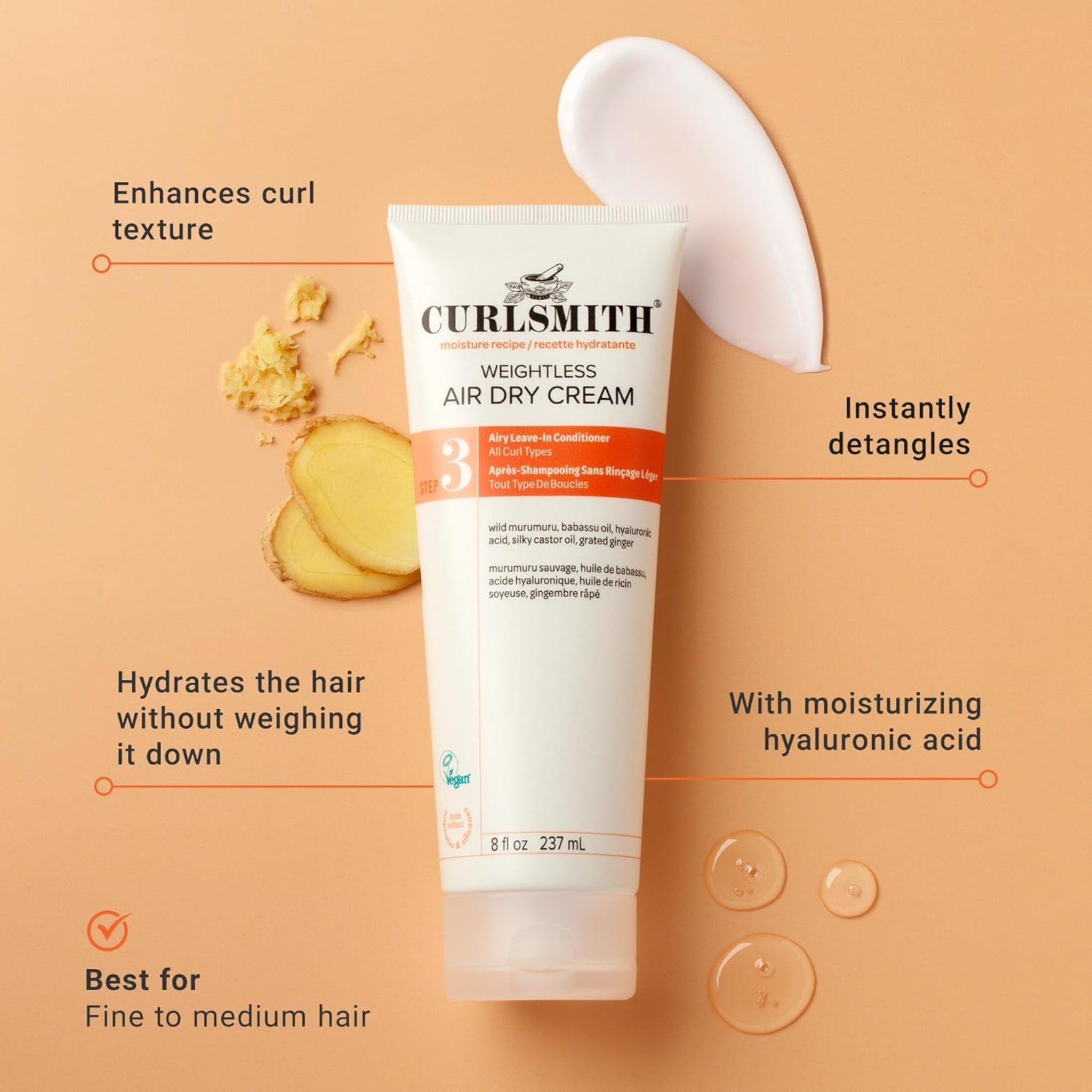 Curlsmith Weightless Air Dry Cream-tube med ingefær og cremetekstur, der viser fugtgivende og afsvækkende egenskaber.