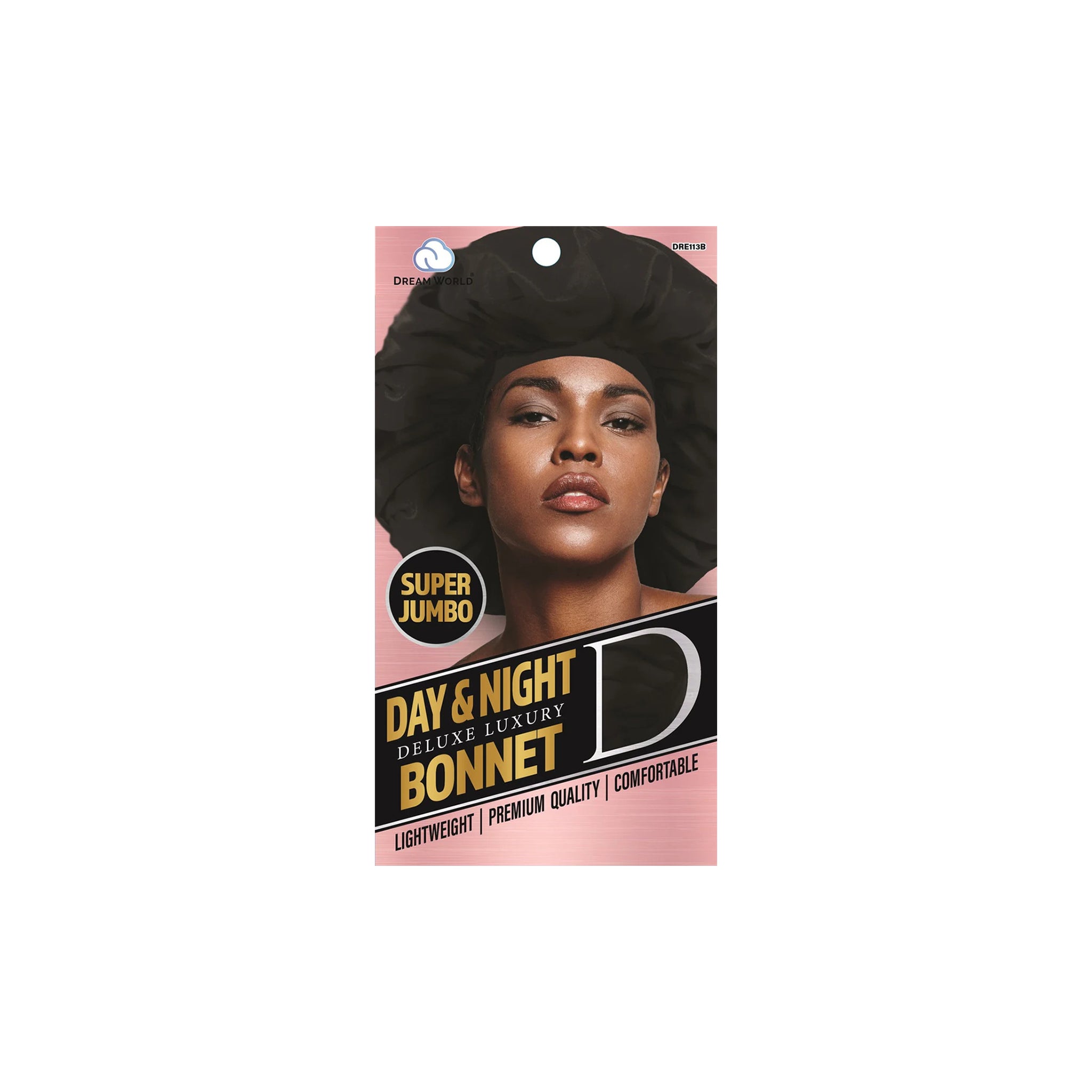 Emballage til Dream World Satin Day & Night Cap Black DRE113B, super jumbo sort satin-bonnet til komfortabel hårbeskyttelse dag og nat.