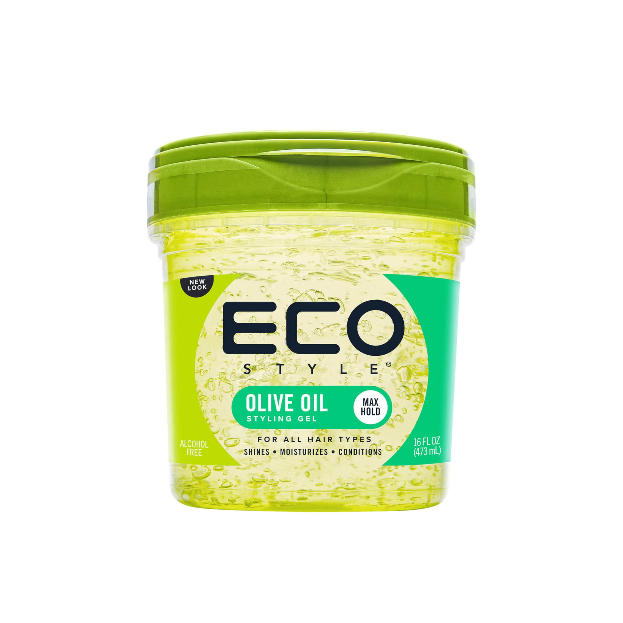 Eco Styler Olive Oil Styling Gel (473 ml) med grønt låg og etiket. Gelen er klar og beregnet til alle hårtyper for at give maksimalt hold, glans, fugt og pleje.
