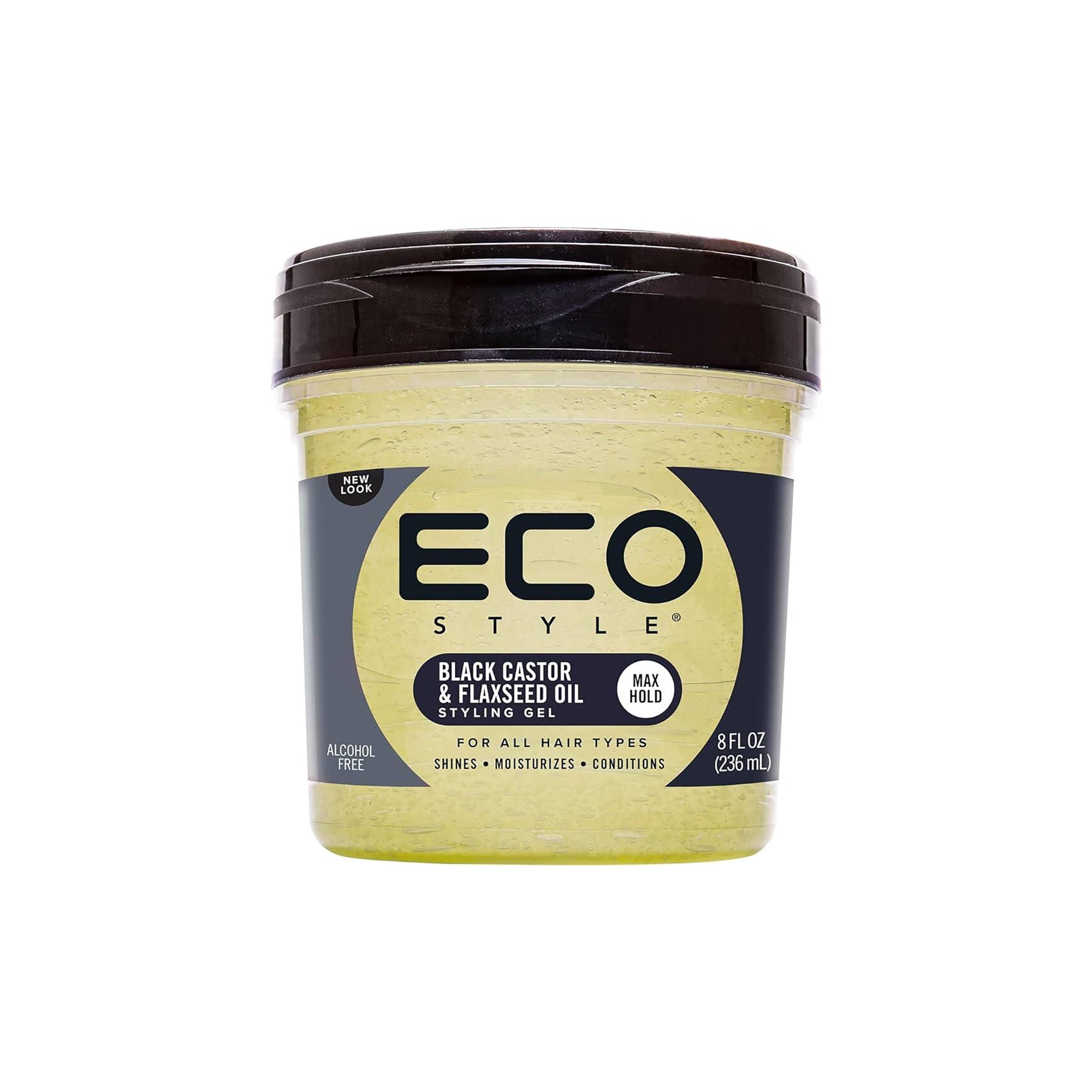 Gulgrøn beholder Eco Style Styling Gel Black Castor & Flaxseed Oil 236ml med mørkt låg, alkoholfri gelé med maksimal hold og nærende olier.