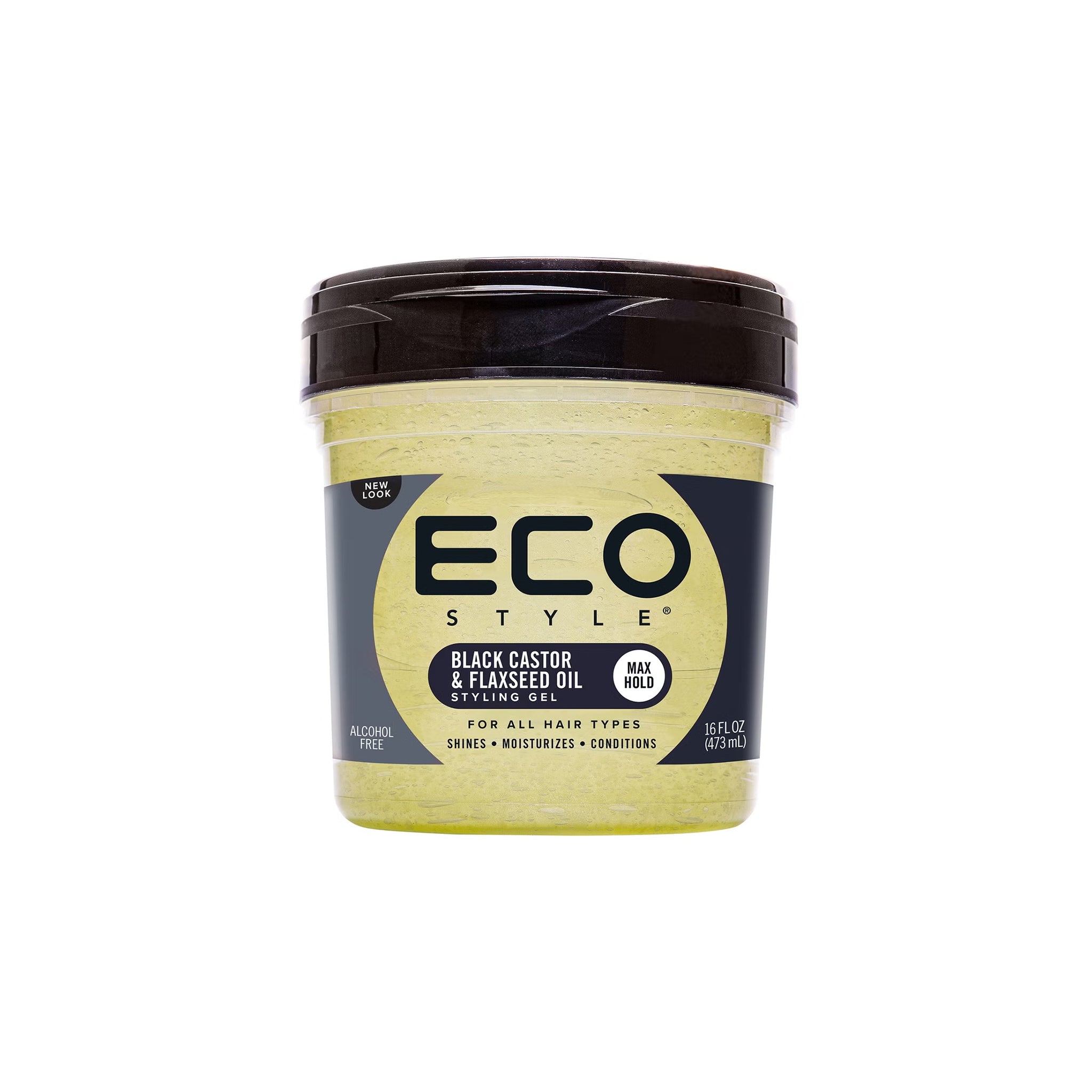 Gulgrøn beholder Eco Style Styling Gel Black Castor & Flaxseed Oil 473ml med sort låg, alkoholfri gelé til glans, fugt og maksimal hold.