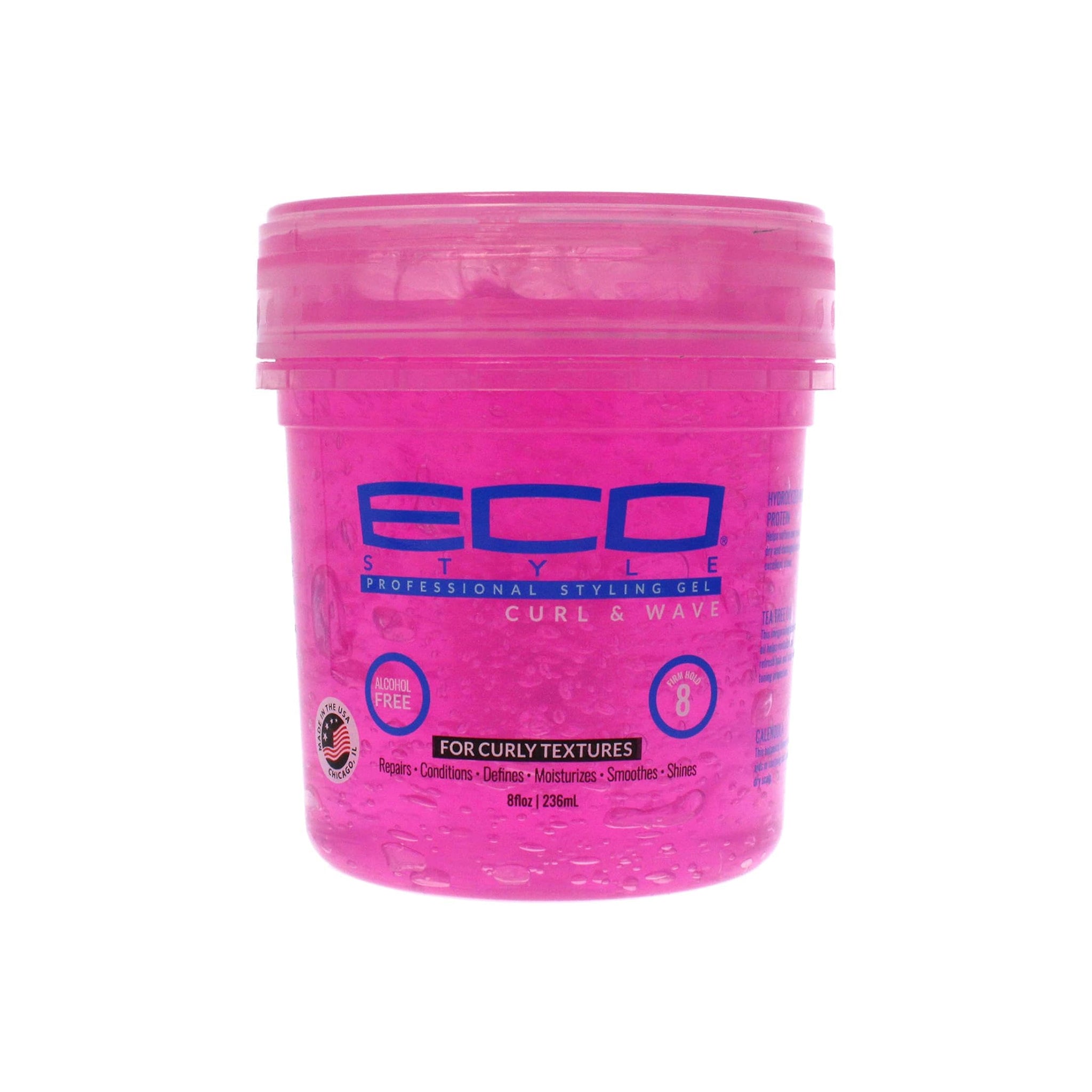 Pink beholder Eco Style Styling Gel Curl & Wave 236ml med gennemsigtigt låg, alkoholfri gelé til krøllet hår med medium stærkt hold og definition.
