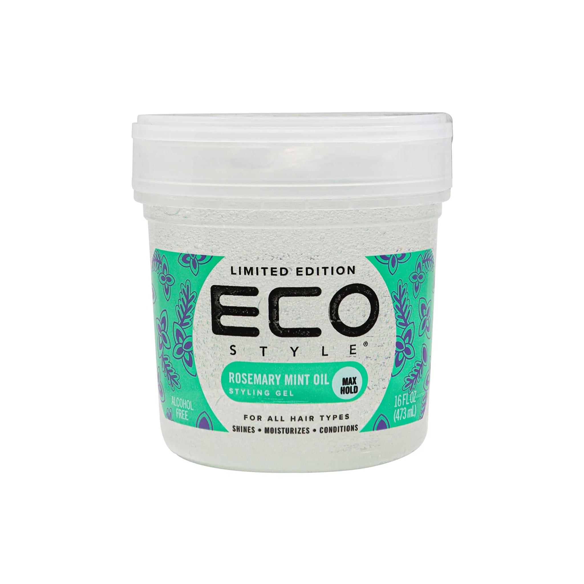 Klar beholder Eco Style Styling Gel Rosemary Mint Oil 473ml med lilla-grøn etiket, alkoholfri gelé til alle hårtyper med maksimal hold og frisk duft.