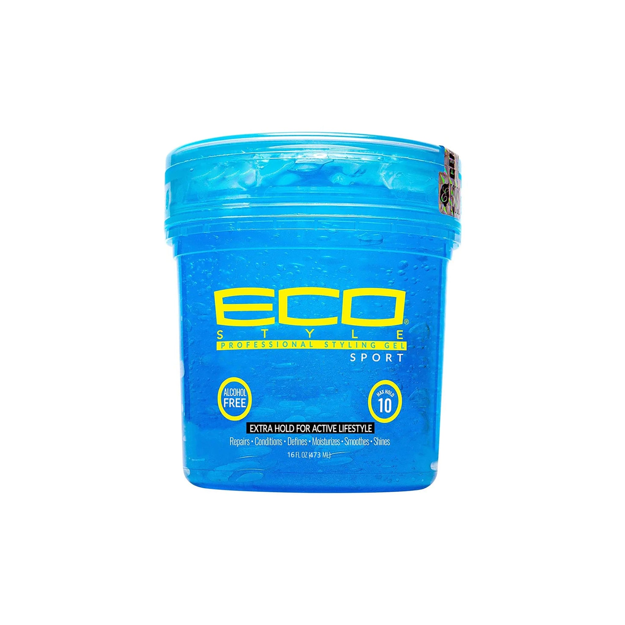 Blå beholder Eco Style Styling Gel Sport Blue 473ml med gennemsigtigt låg, alkoholfri hårgelé til stærkt hold og aktiv livsstil.