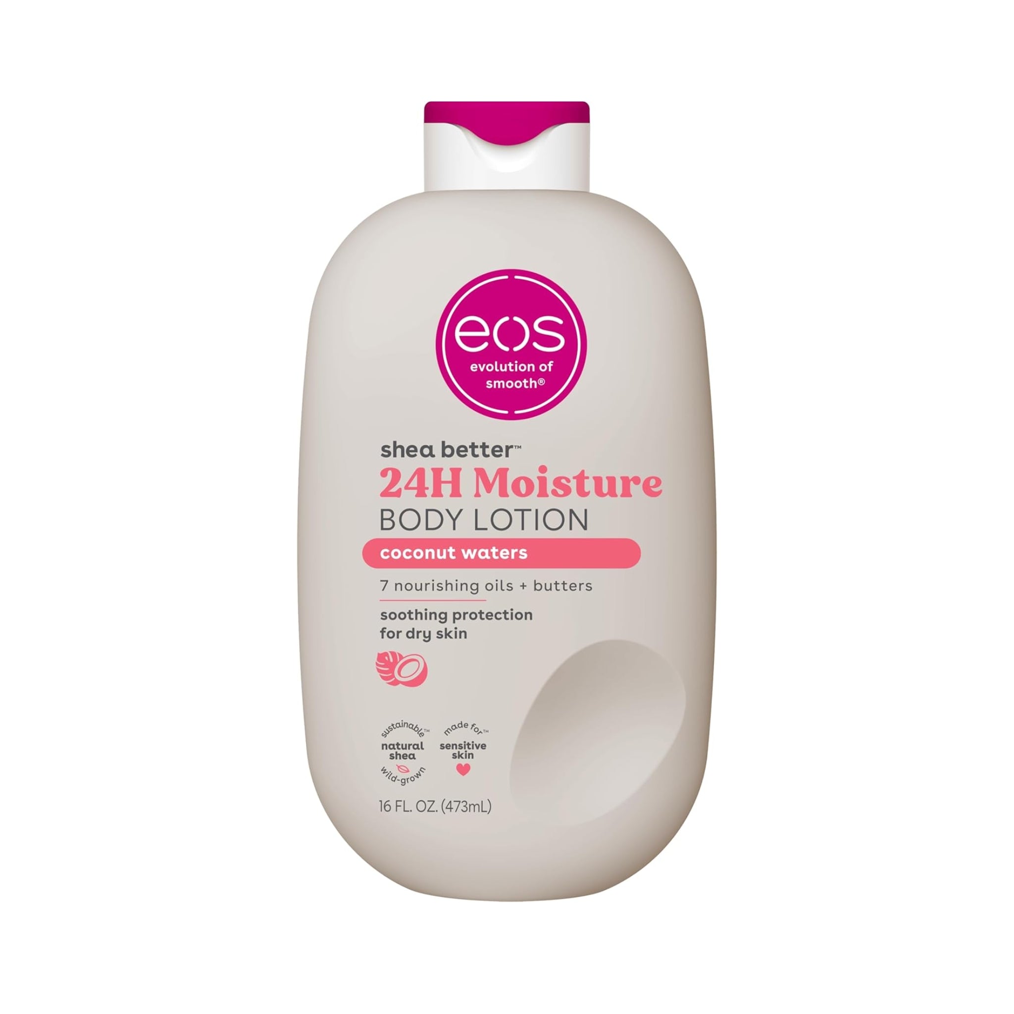 eos Shea Better 24H Moisture Body Lotion, coconut waters, flaske i creme med pink låg, 473 ml.