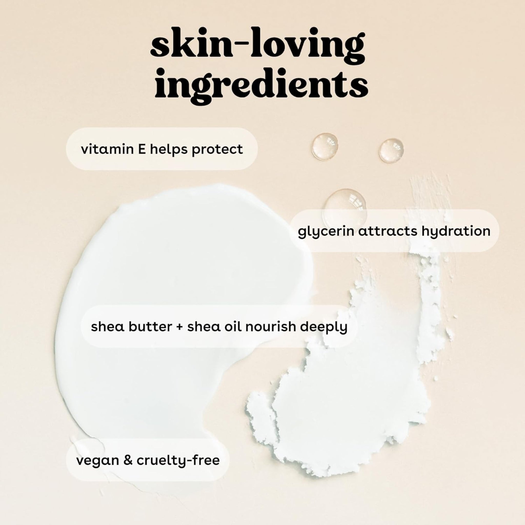 Cremet hudplejeprodukt med vitamin E, glycerin og shea butter – vegansk og cruelty-free skin-loving ingredients.