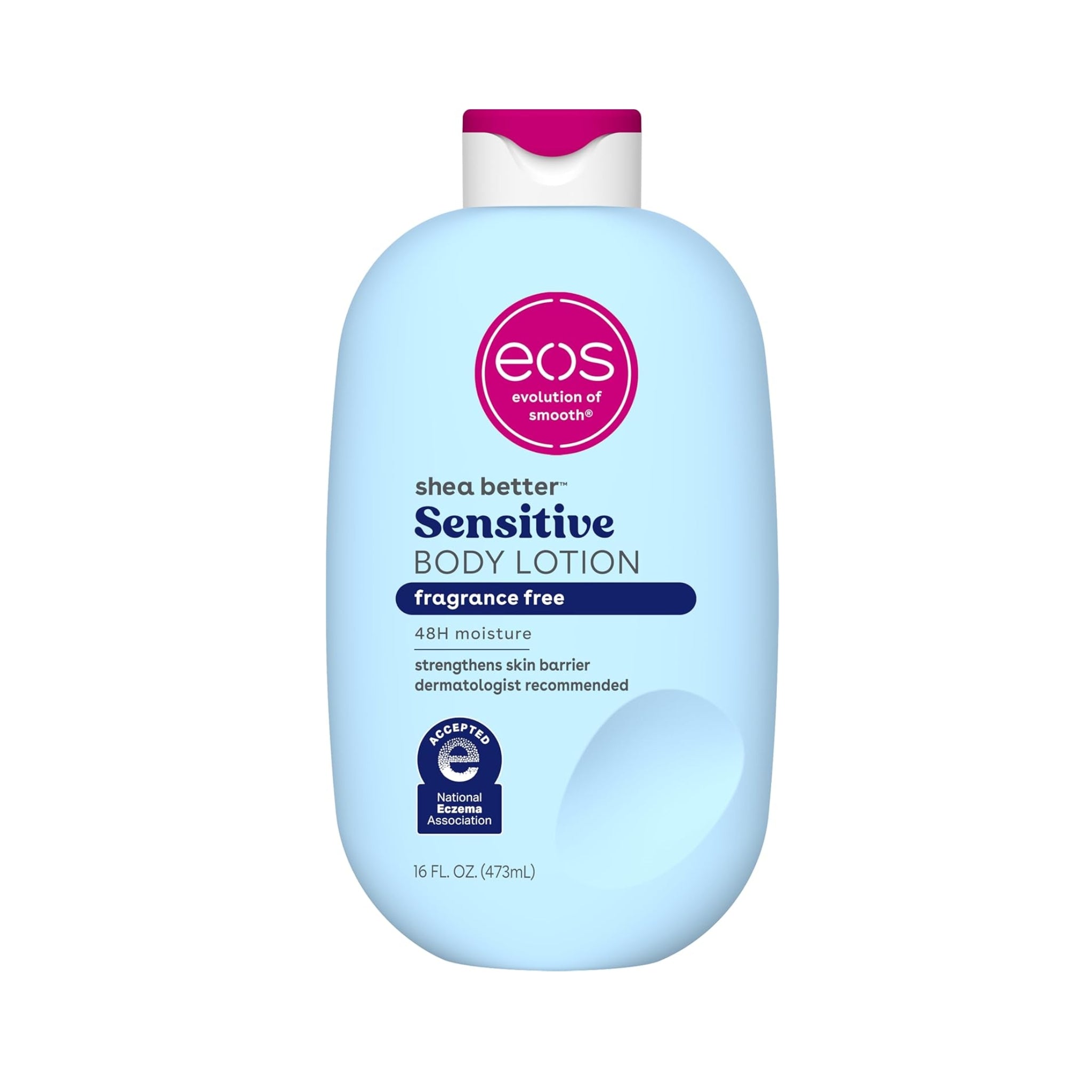 eos Shea Better Sensitive Body Lotion, blå flaske med pink låg, parfumefri, 473 ml.