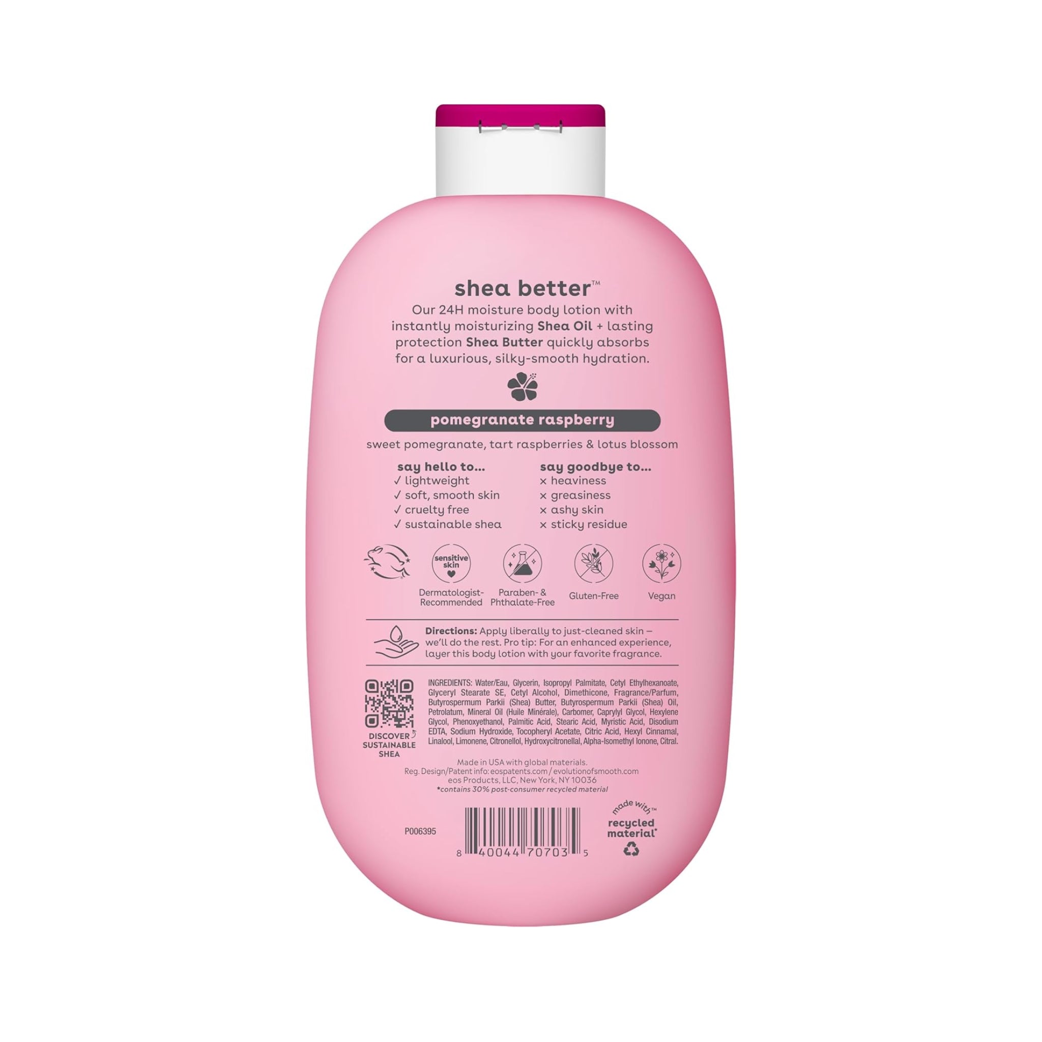 eos Shea Better body lotion flaske i pink med magenta låg, bagside med ingredienser og pomegranate raspberry duft.