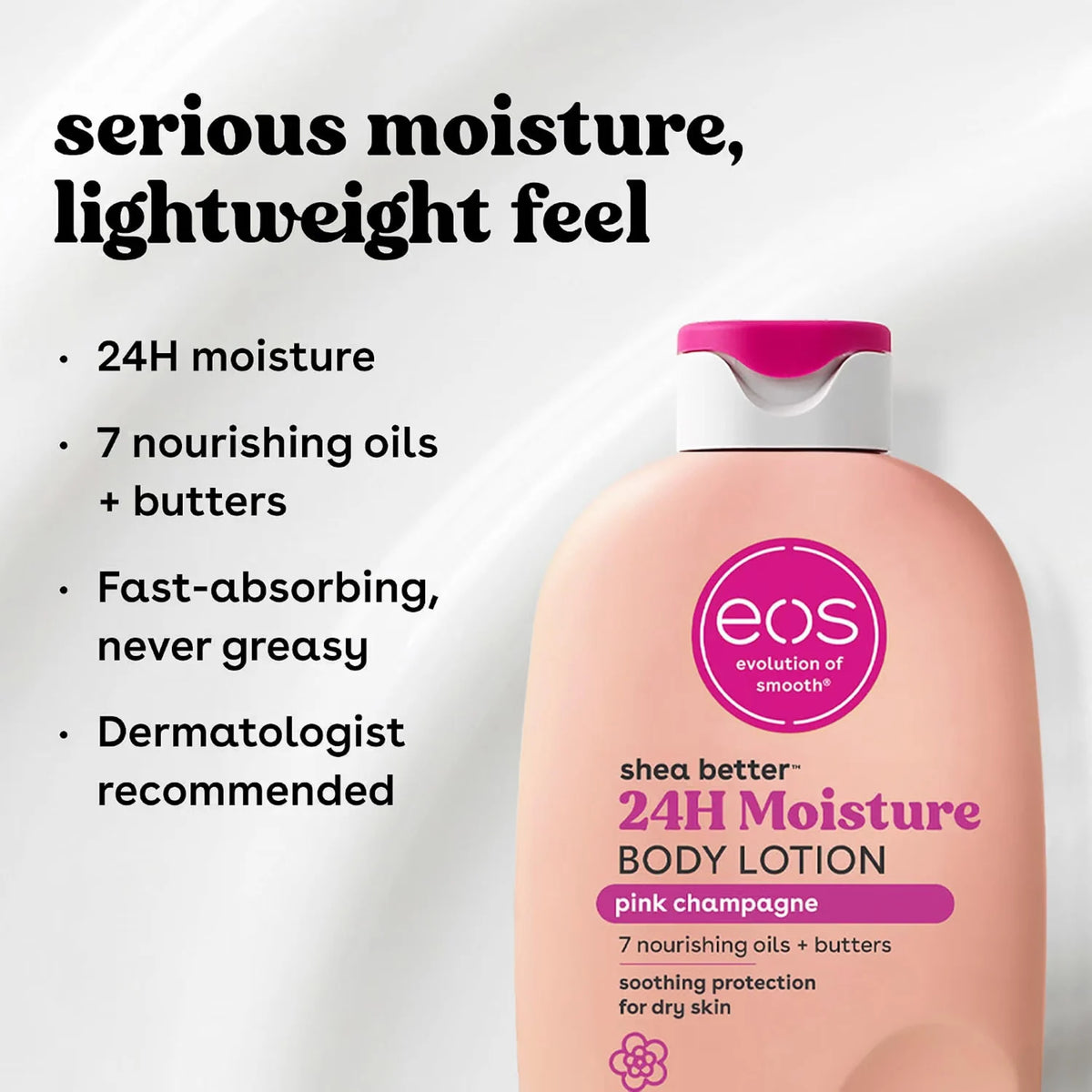 eos Shea Better 24H Moisture Body Lotion i pink champagne, flaske med pink låg mod hvid baggrund.