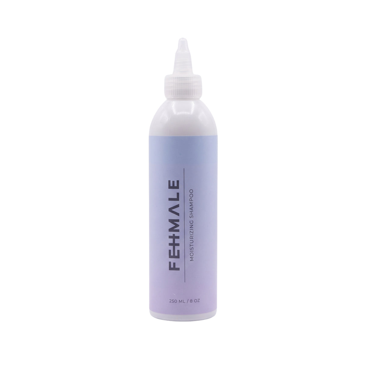 Hvid flaske FEHMALE Moisturizing Shampoo med lilla etiket og tud-låg, 250 ml/8 oz, på hvid baggrund.