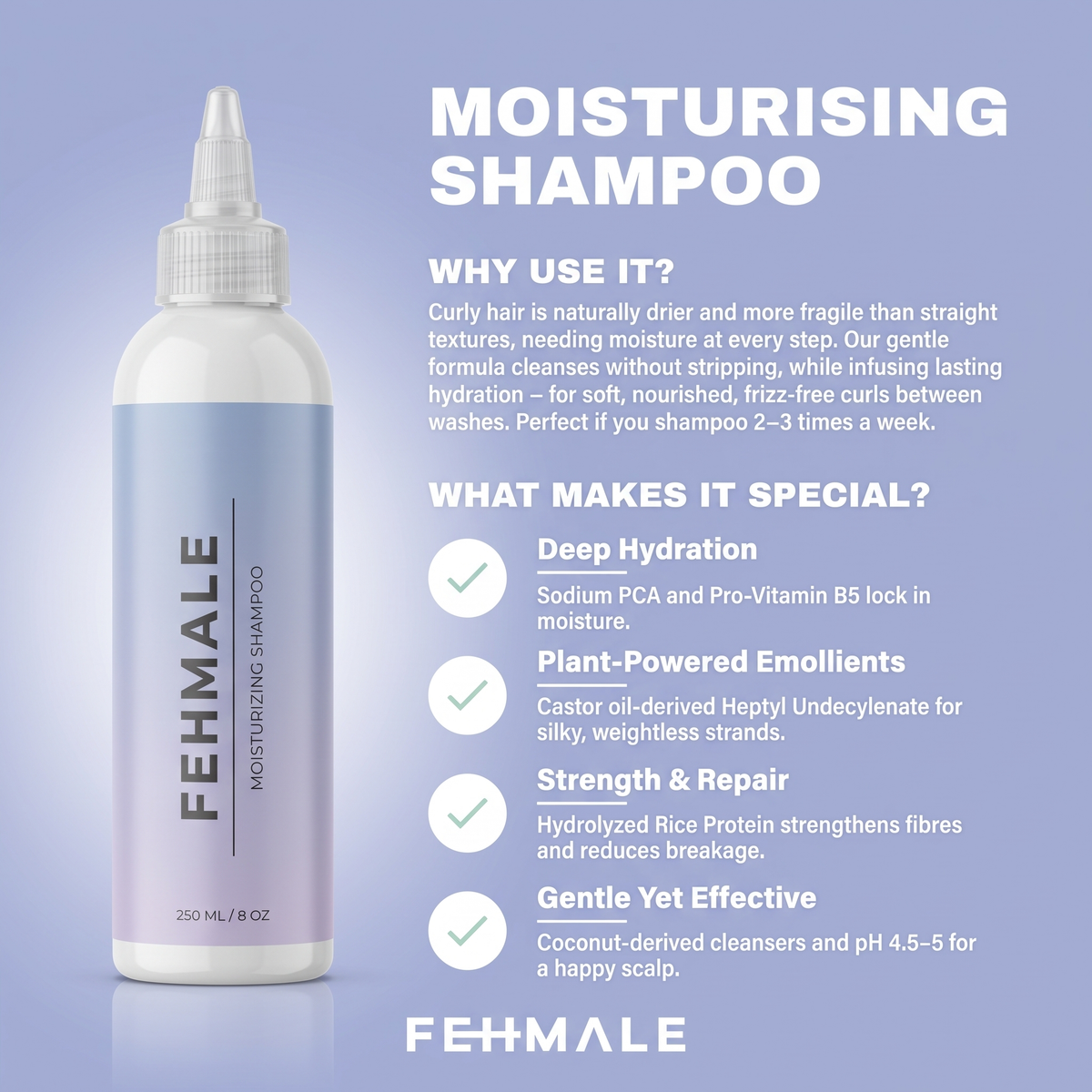 Fehmale fugtgivende shampoo-flaske på 250 ml med infografik om dyb hydrering til krøllet hår.