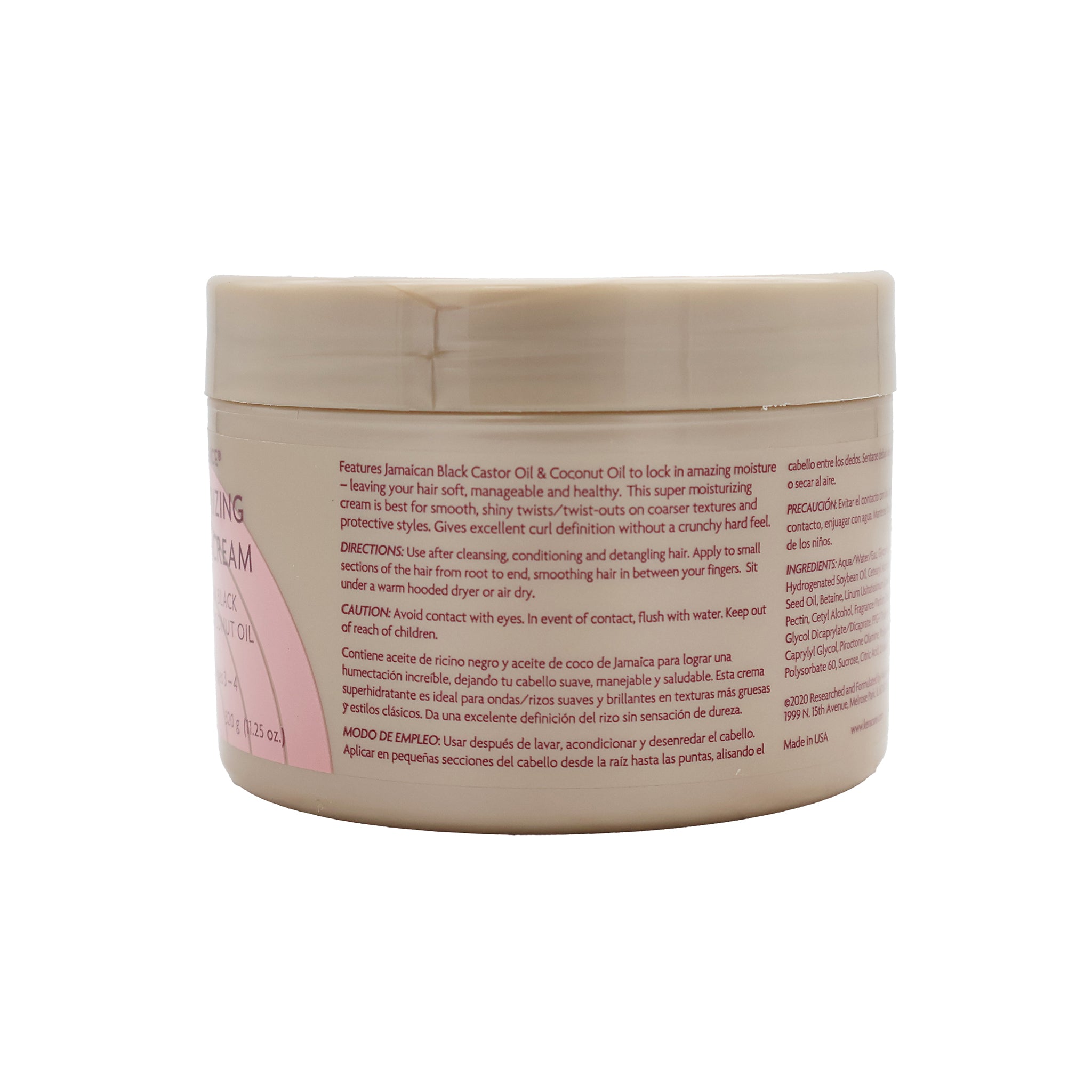 Bagsiden af KeraCare Curlessence Moisturizing Curling Cream-krukken med information på engelsk og spansk, herunder ingrediensliste.
