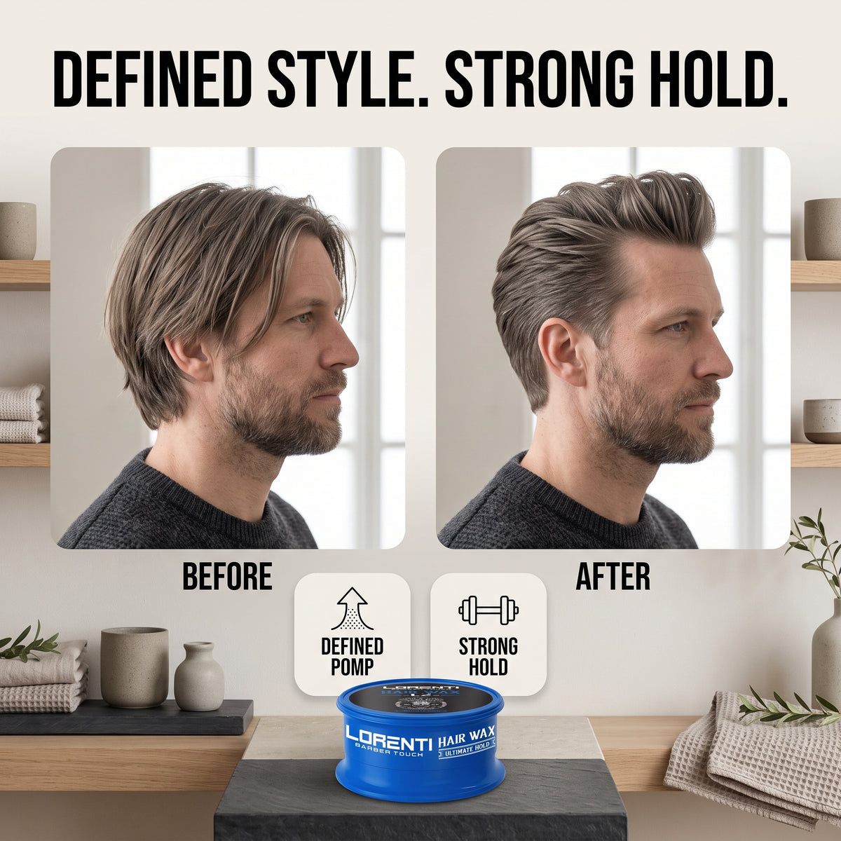 Før/efter-sammenligning af mand med Lorenti Hair Wax Ultimate Hold - fra løst hår til defineret pompadour med stærkt hold.
