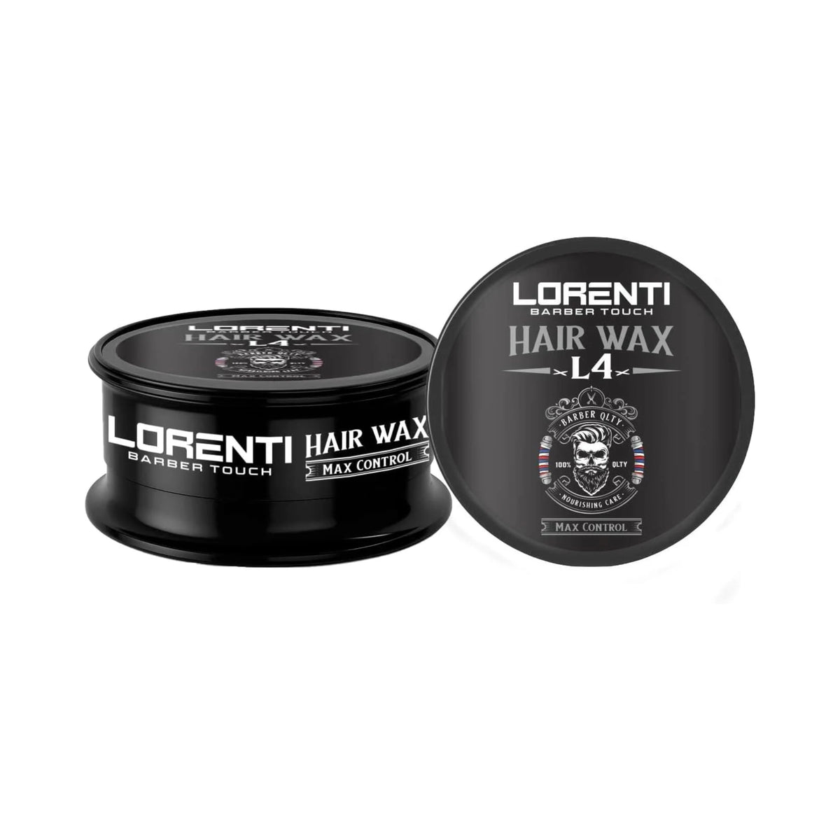 Sort dåse med Lorenti Barber Touch Hair Wax L4 Max Control, set forfra og ovenfra med skulllogo.