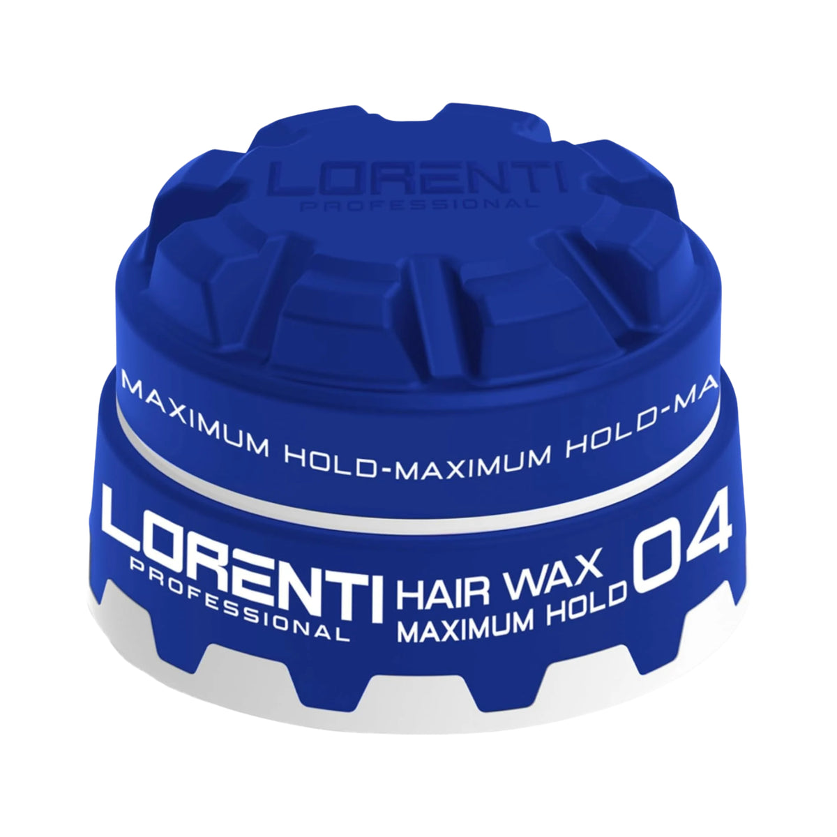 Blå dåse Lorenti Professional Hair Wax 04 Maximum Hold med riflet låg og hvid tekst.