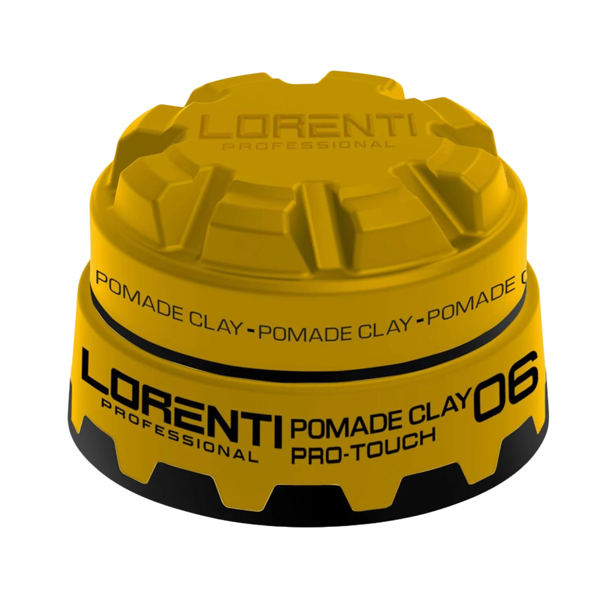 Gul dåse med Lorenti Professional Pomade Clay 06 Pro-Touch hårpomade og riflet låg.