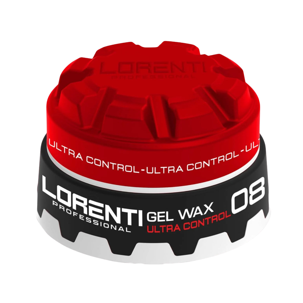 Lorenti Professional Gel Wax 08 Ultra Control i rød og sort dåse med teksturerede kanter.