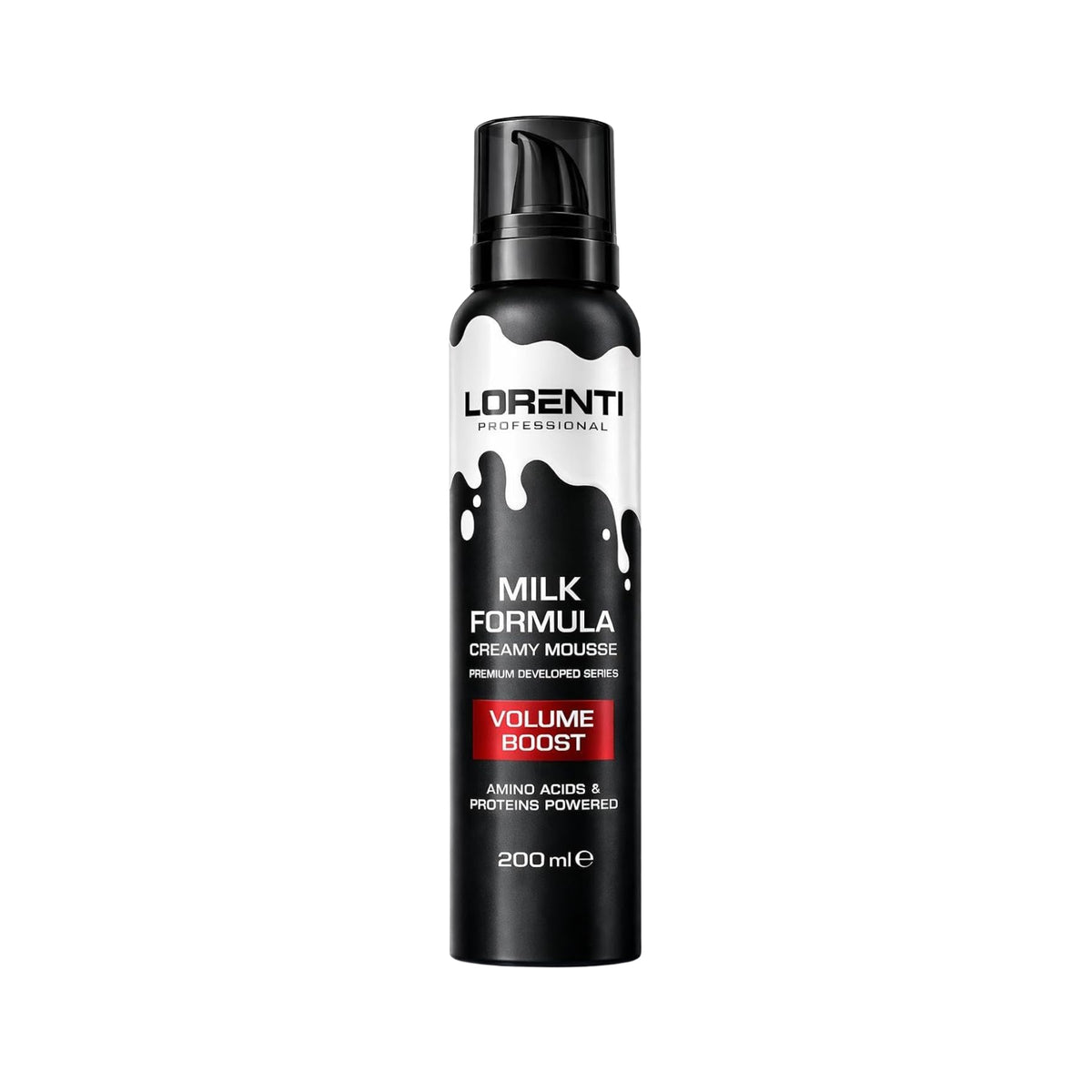 Sort pumpeflaske med Lorenti Professional Milk Formula creamy mousse, Volume Boost, 200 ml, hvid-sort mælkedesign.