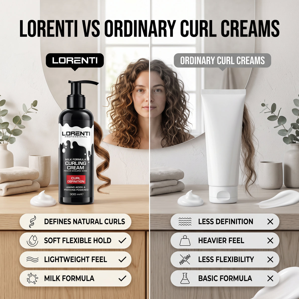 Lorenti Curling Cream sammenlignet med almindelig curl creme, med krøllet hår delt i to og fordele oplistet.