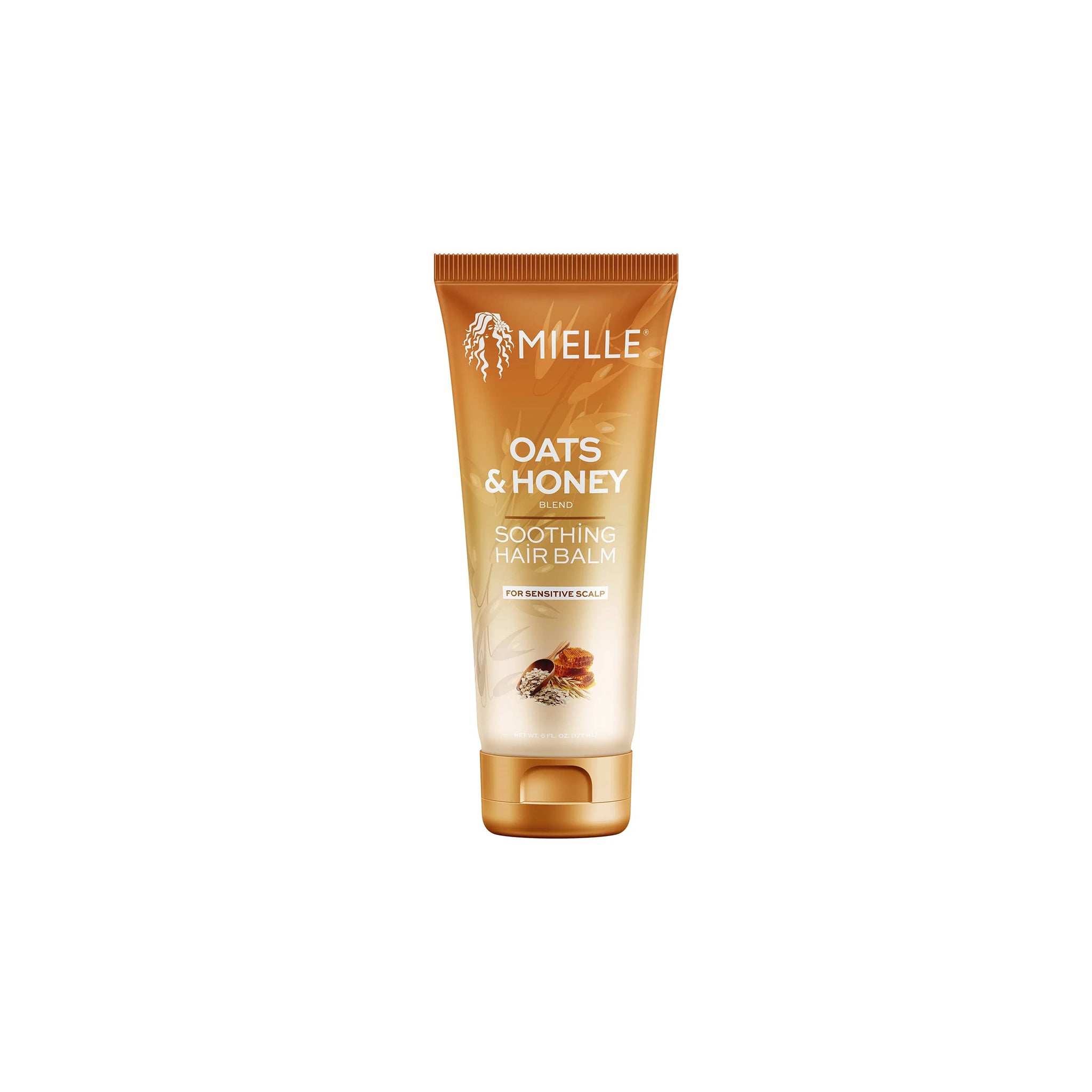 Mielle Oats & Honey Soothing Hair Balm 177ml i brun tube med honning og havre på etiketten mod hvid baggrund.