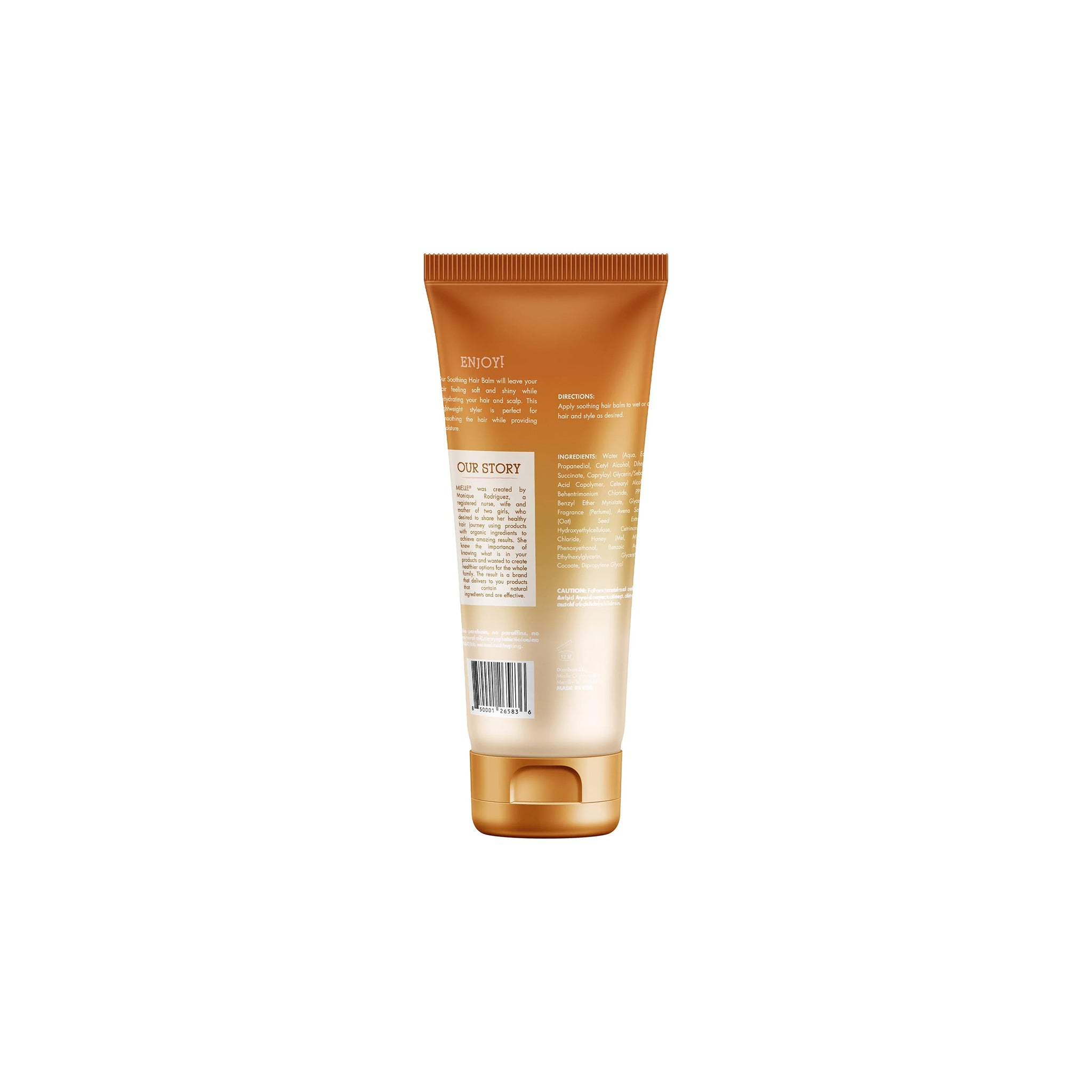 Bagside af Mielle Oats & Honey Soothing Hair Balm 177ml med tekst og stregkode på gylden tube.