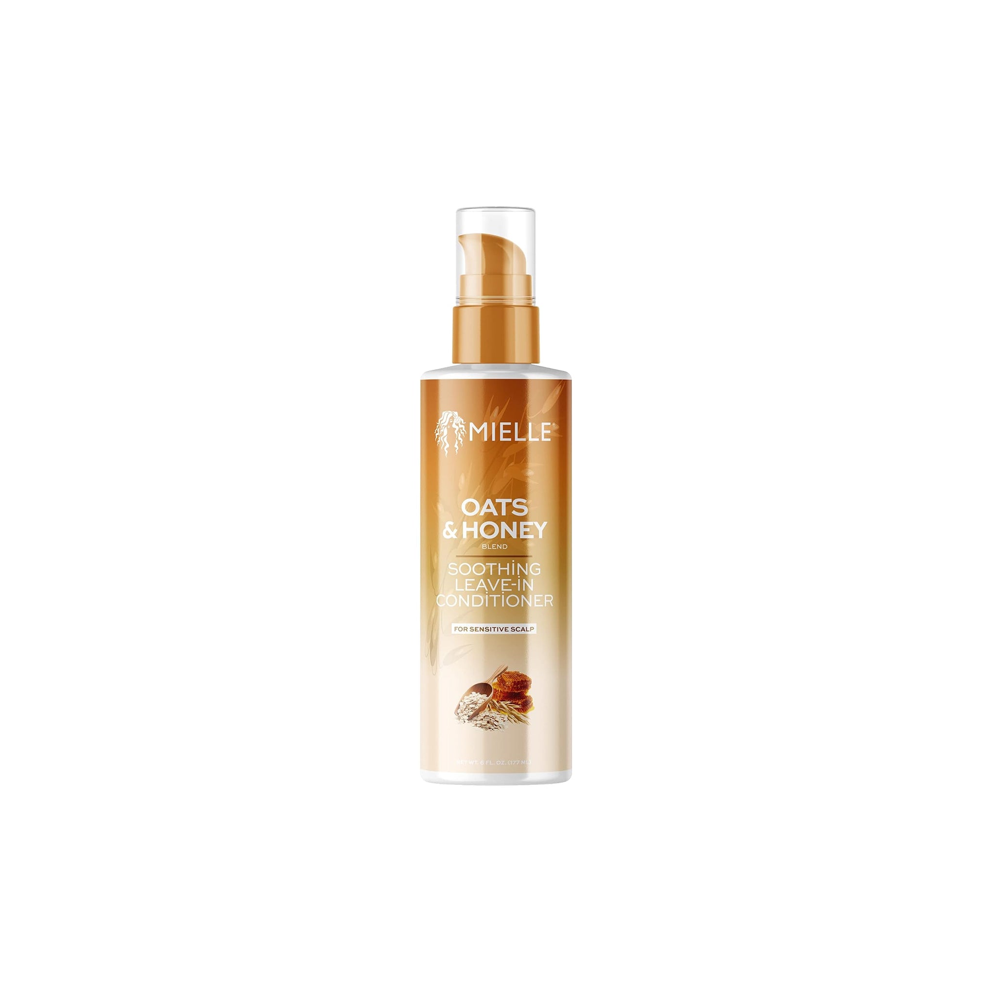 Mielle Oats & Honey Soothing Leave-In-Conditioner 177ml med gylden pumpe og billede af honning og havre på flasken.