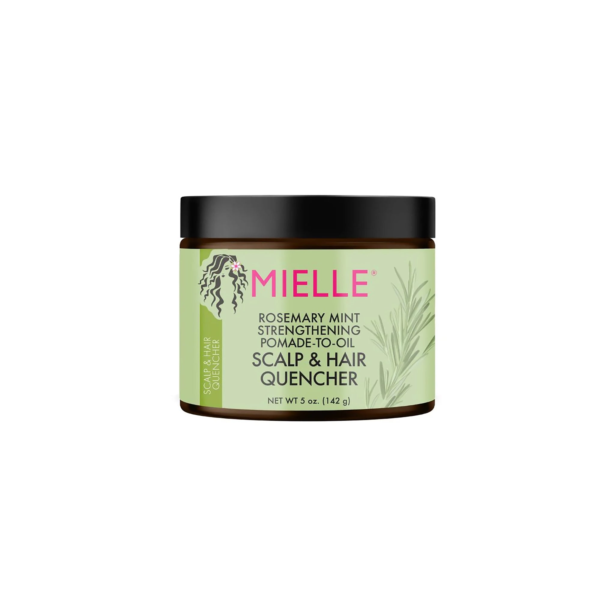 Grøn bøtte Mielle Rosemary Mint Pomade-to-Oil Scalp & Hair Quencher 142gr med sort låg, nærende hår- og hovedbundspleje med rosmarin og mynte.
