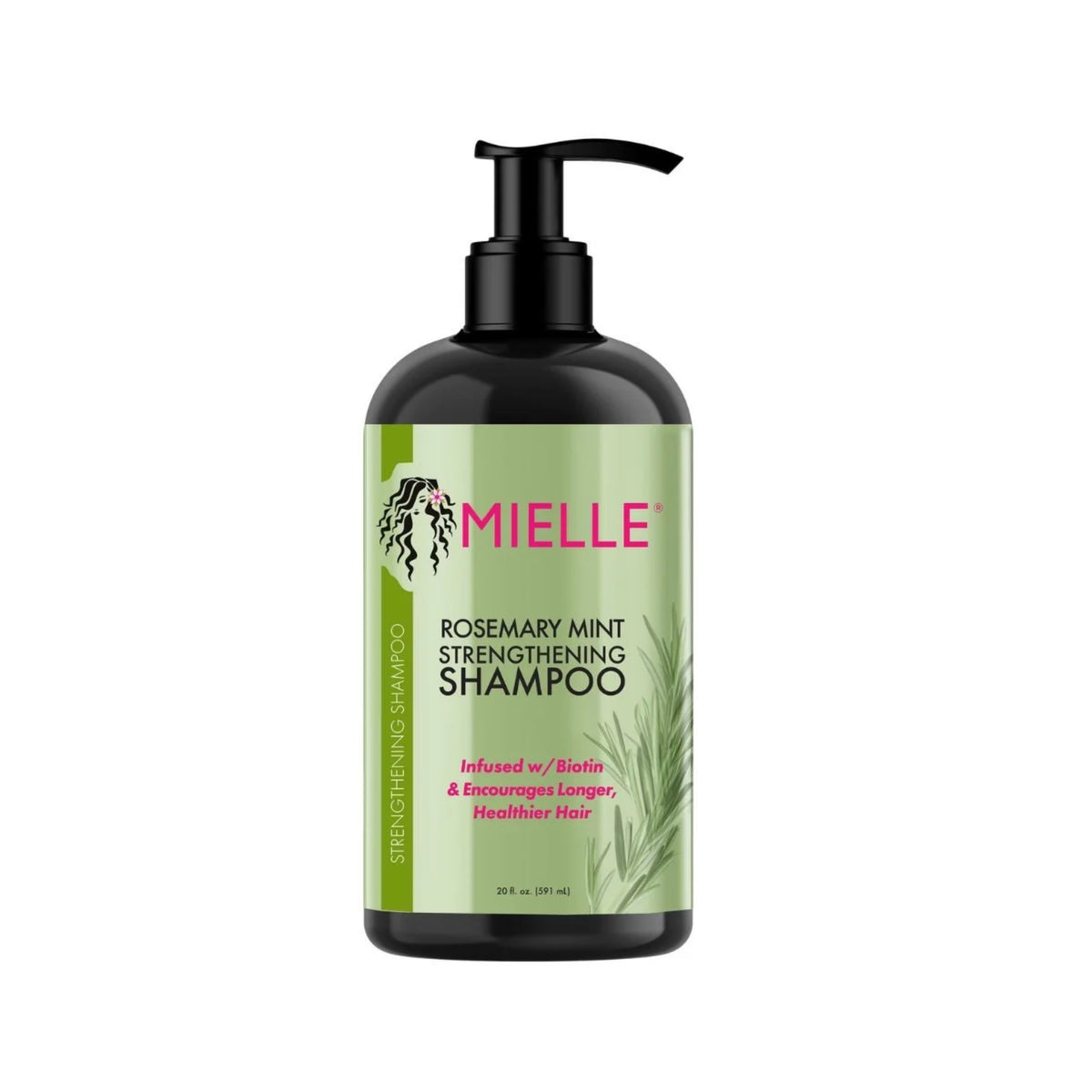 Sort pumpeflaske med Mielle Rosemary Mint Strengthening Shampoo, grøn etiket med rosmaringrene, 591 ml.