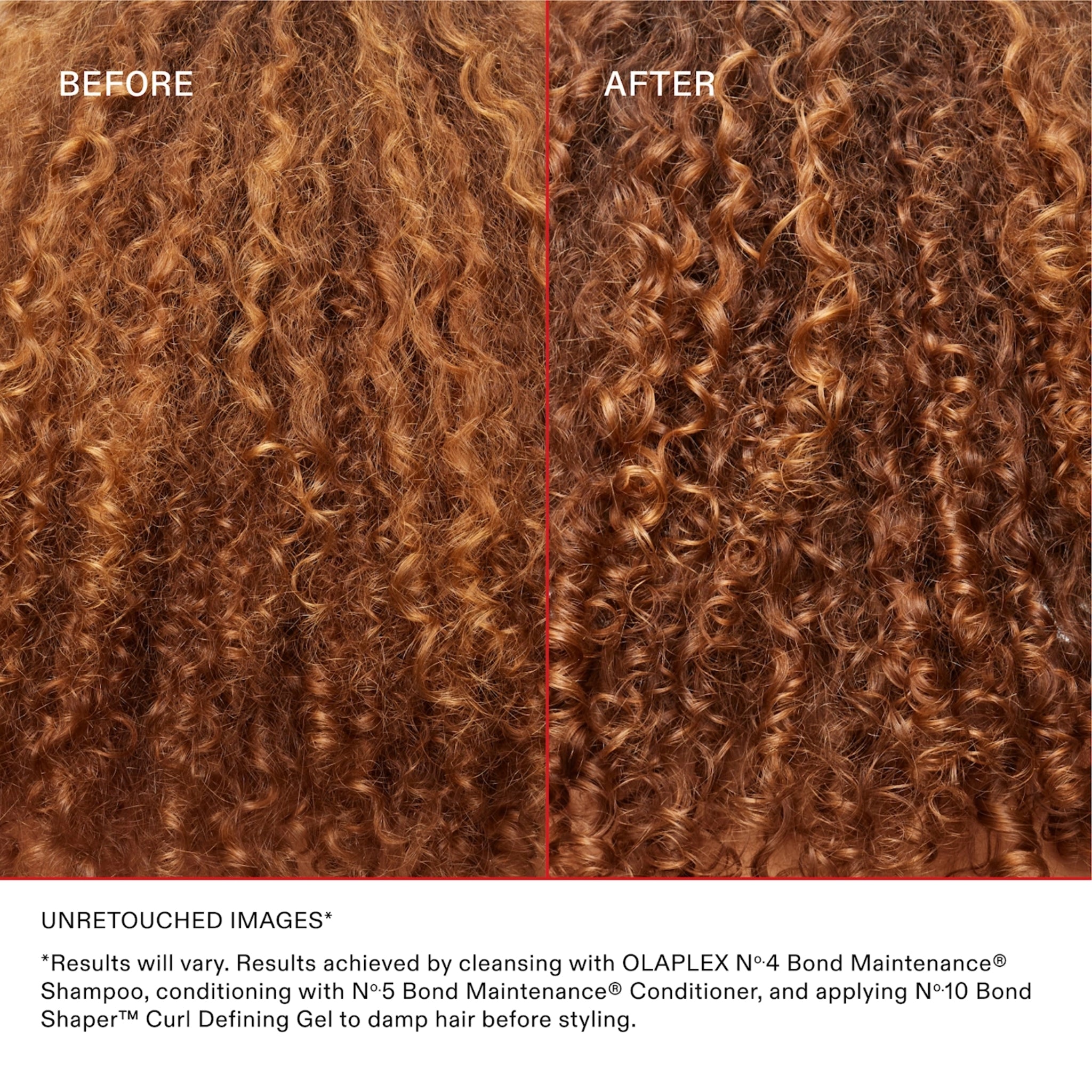 Olaplex før og efter på krøllet rødbrunt hår med mere definerede og glansfulde krøller efter behandling.