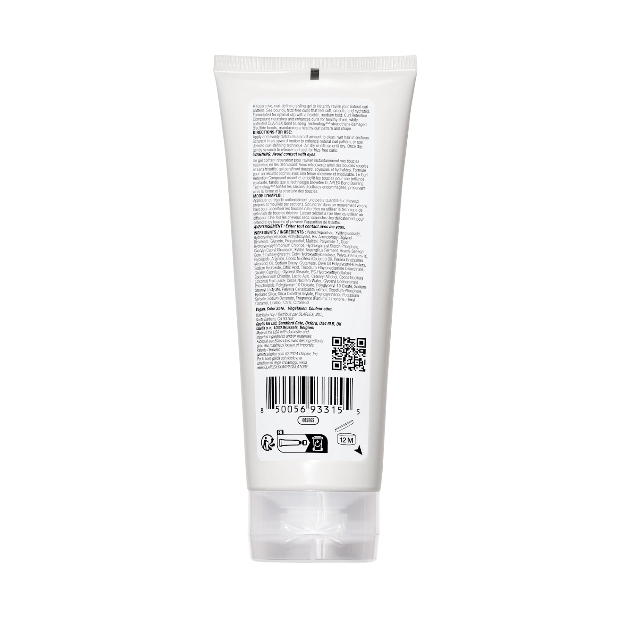 Olaplex curl-defining styling gel hvid tube med produktinfo, ingrediensliste, stregkode og brugsanvisning på engelsk og fransk.