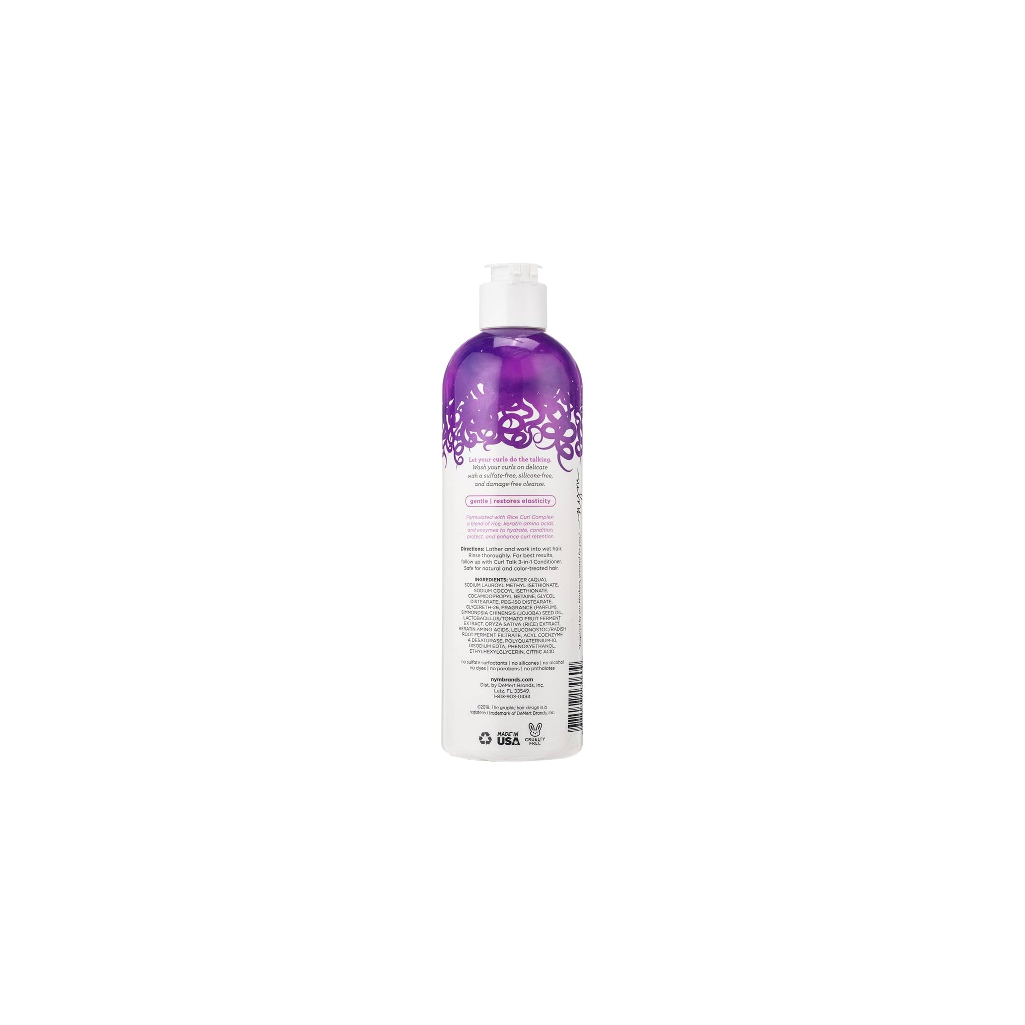 Bagside af flaske med Not Your Mother's Curl Talk Curl Care Shampoo med ingrediensliste og brugsanvisning.