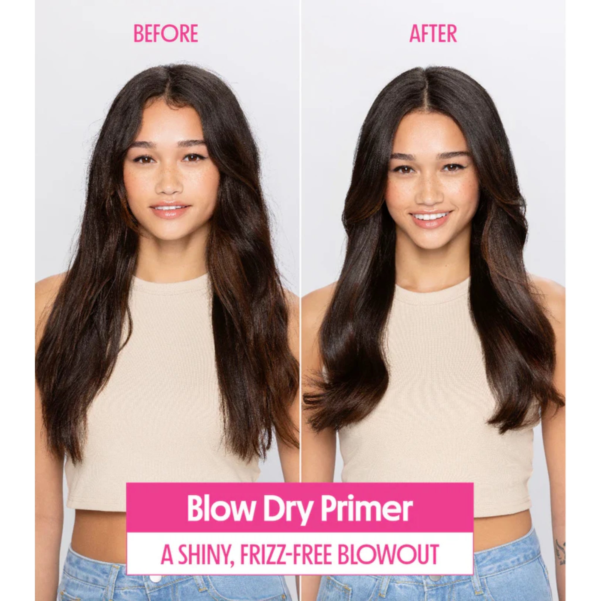 Blow Dry Primer før og efter resultat med skinnende, frizz-frit blowout på langt mørkt hår.