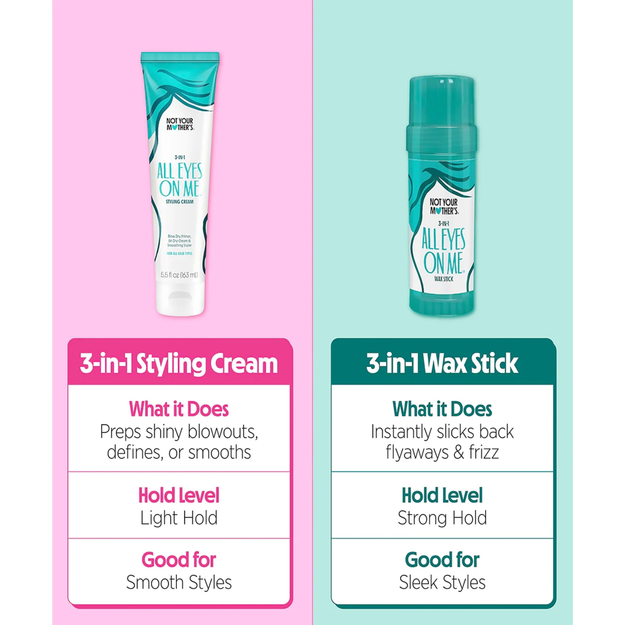 Not Your Mother's All Eyes On Me 3-in-1 Styling Cream og Wax Stick sammenligning med hold og brug.
