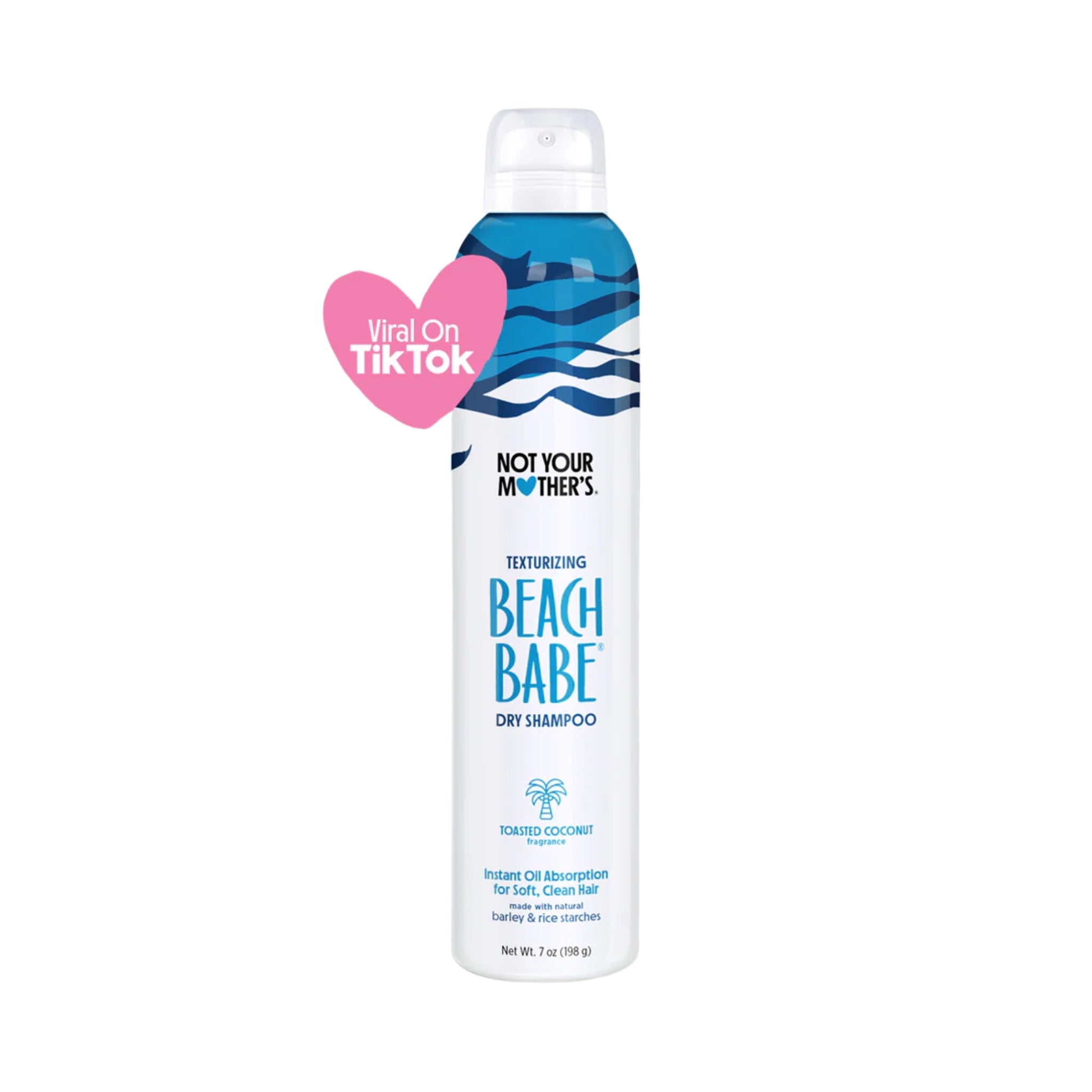 Not Your Mother's Beach Babe texturizing dry shampoo i hvid dåse med blå bølger og toasted coconut duft, viral på TikTok.