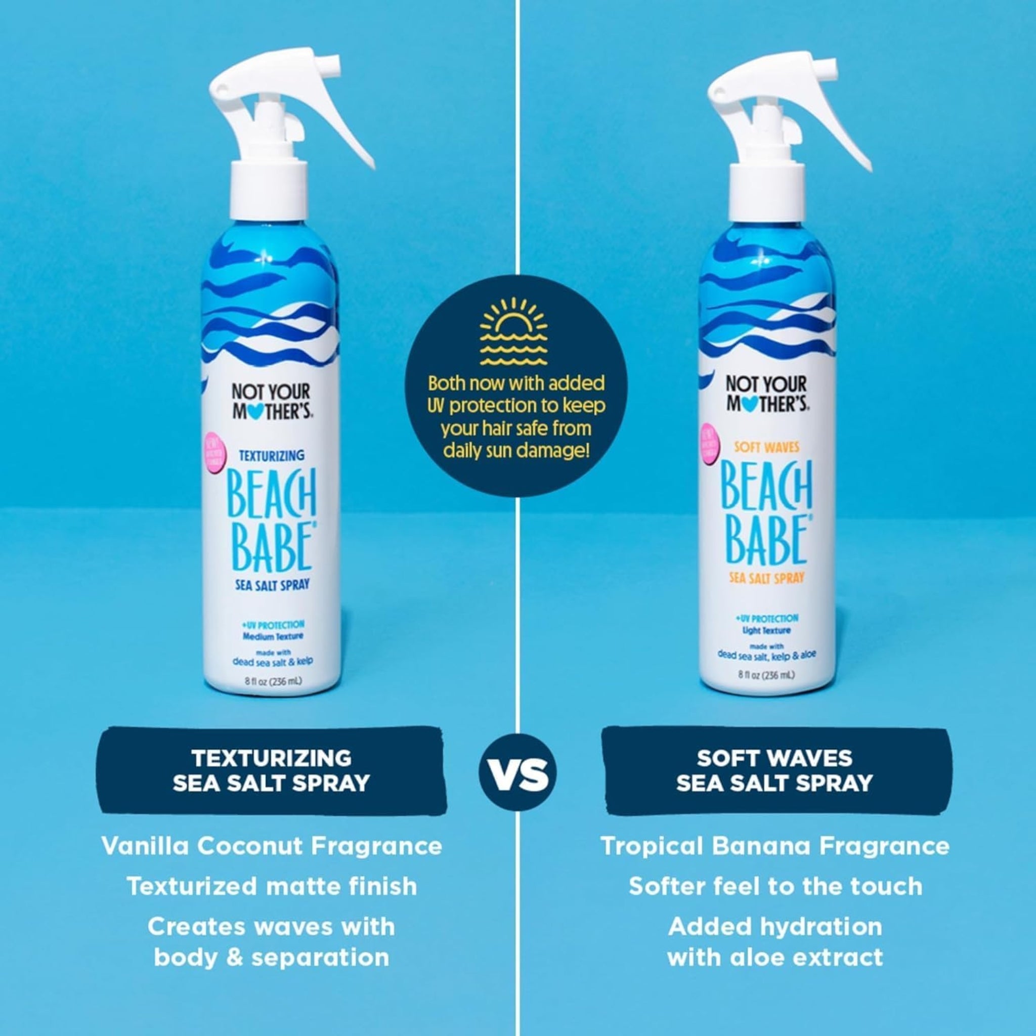 Not Your Mother's Beach Babe sea salt spray sammenligning af Texturizing og Soft Waves med UV-beskyttelse.