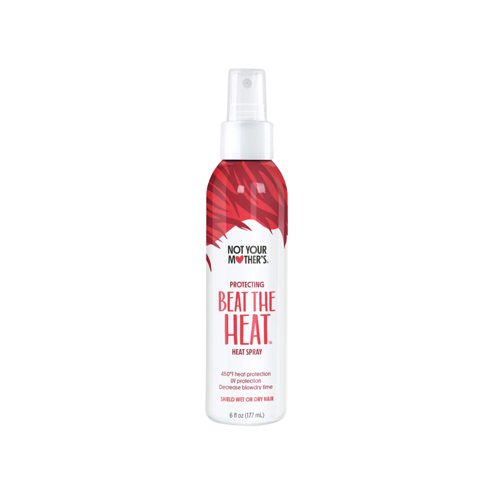 Not Your Mother's Beat the Heat varmebeskyttende hårspray i klar flaske med rødt design, 177 ml.