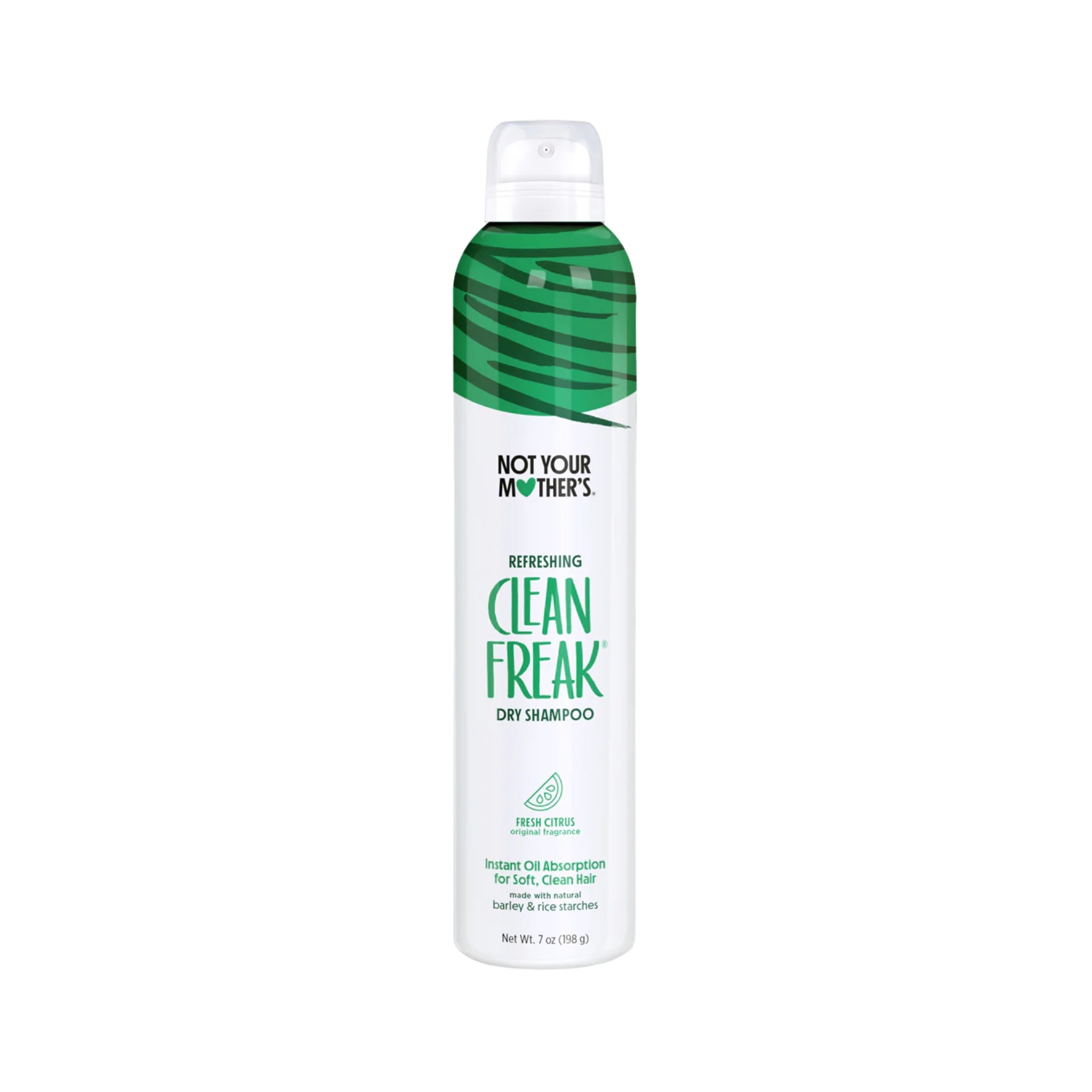 Not Your Mother's Clean Freak tørshampoo i frisk citrus, hvid spraydåse med grønt mønster, 198 g.
