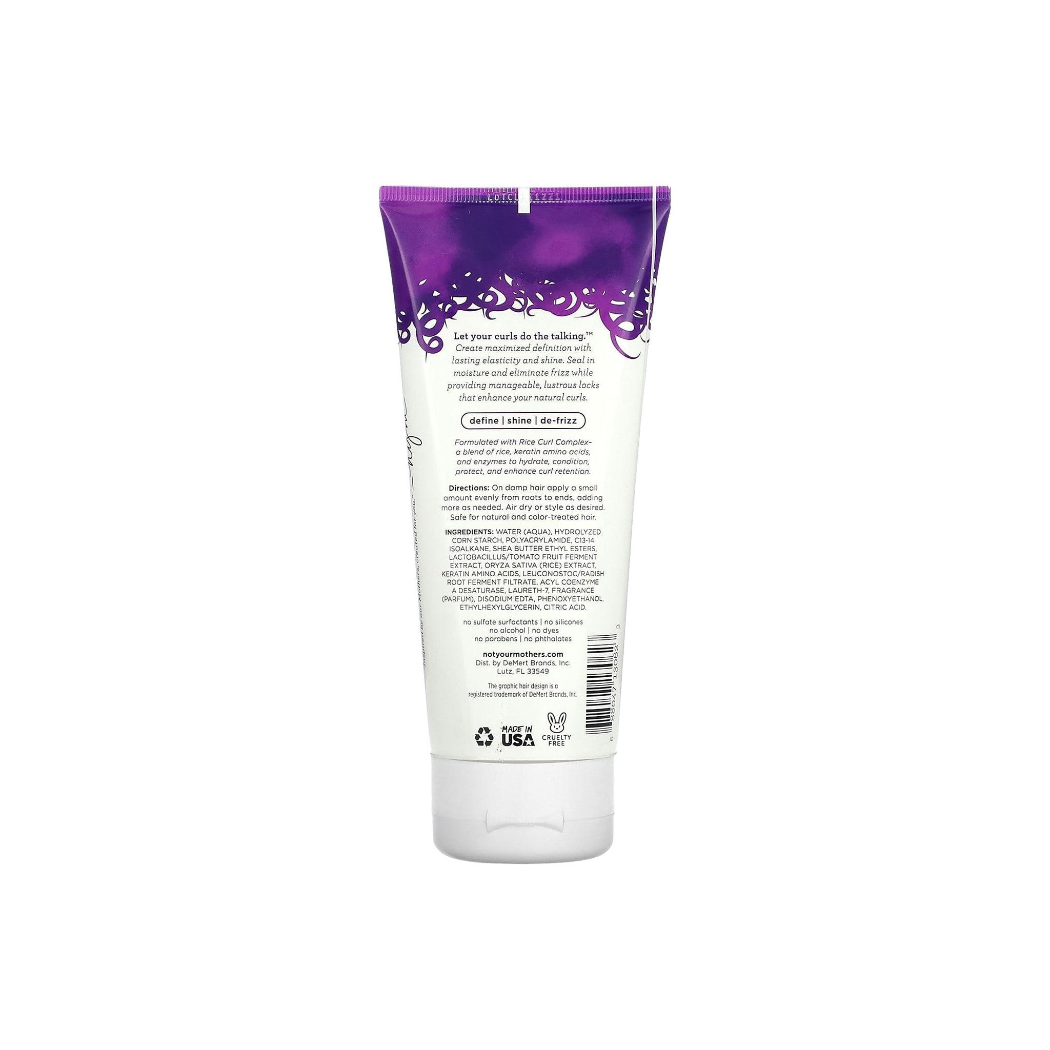 Not Your Mother's Curl Talk Cream 177 ml set bagfra med lilla mønster og detaljeret produktbeskrivelse.