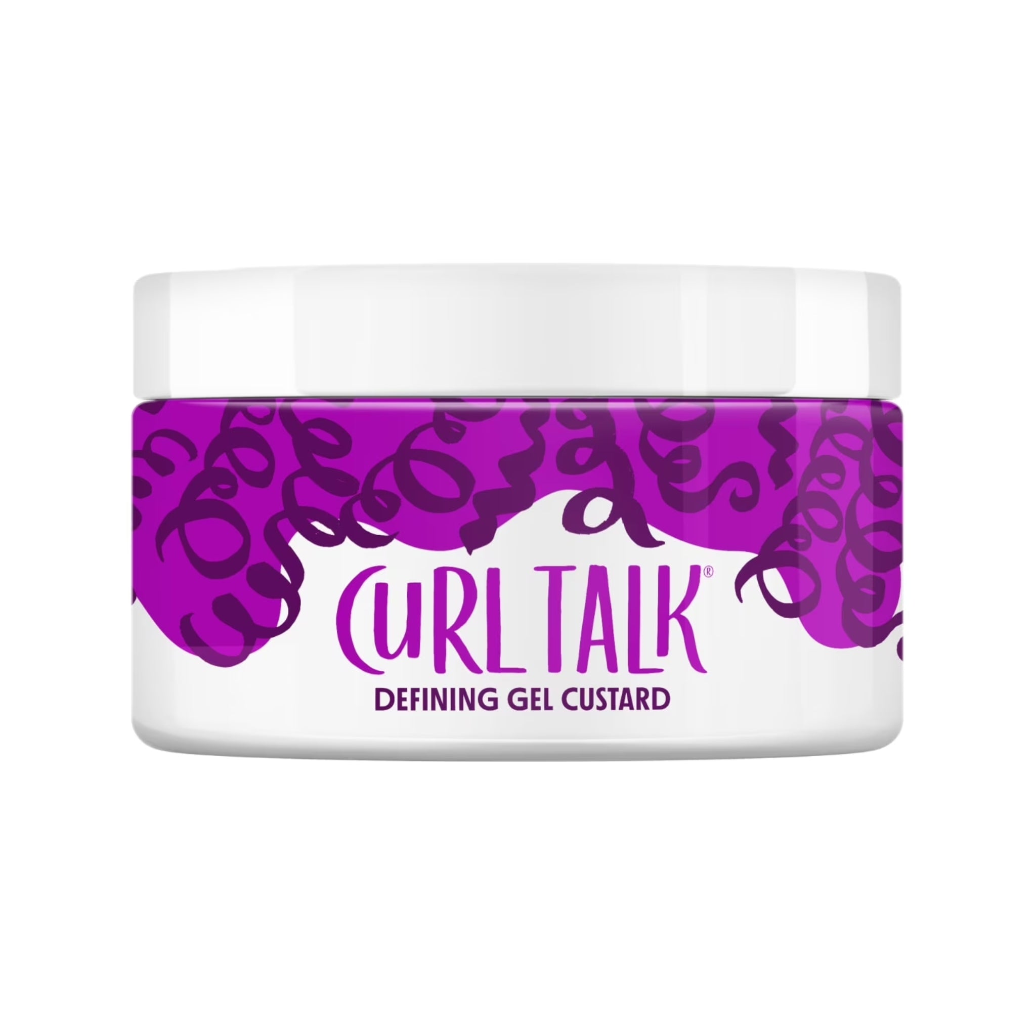 Hvid krukke med Curl Talk Defining Gel Custard, lilla krøller på etiket, hvidt låg.