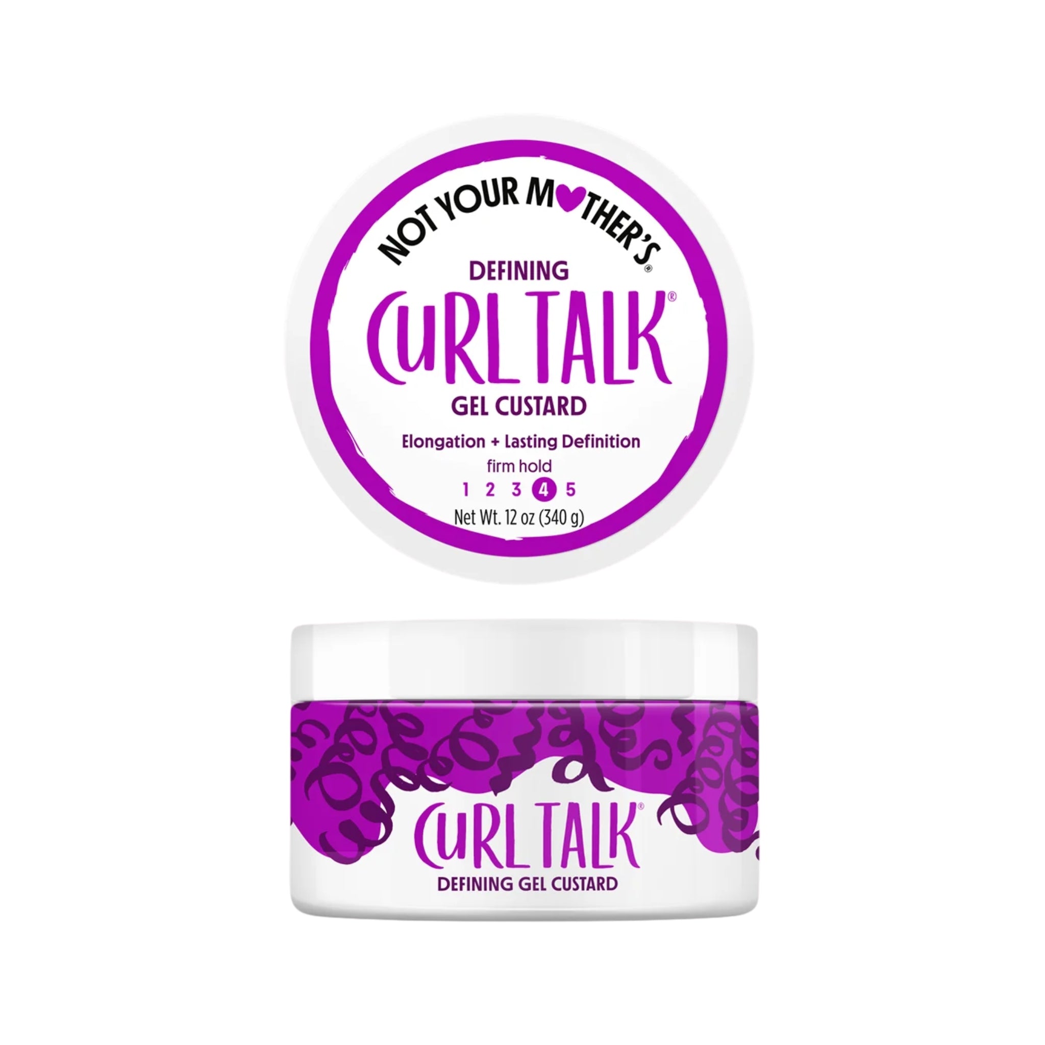 Not Your Mother's Curl Talk Defining Gel Custard i hvid dåse med lilla logo, 340 g, firm hold.